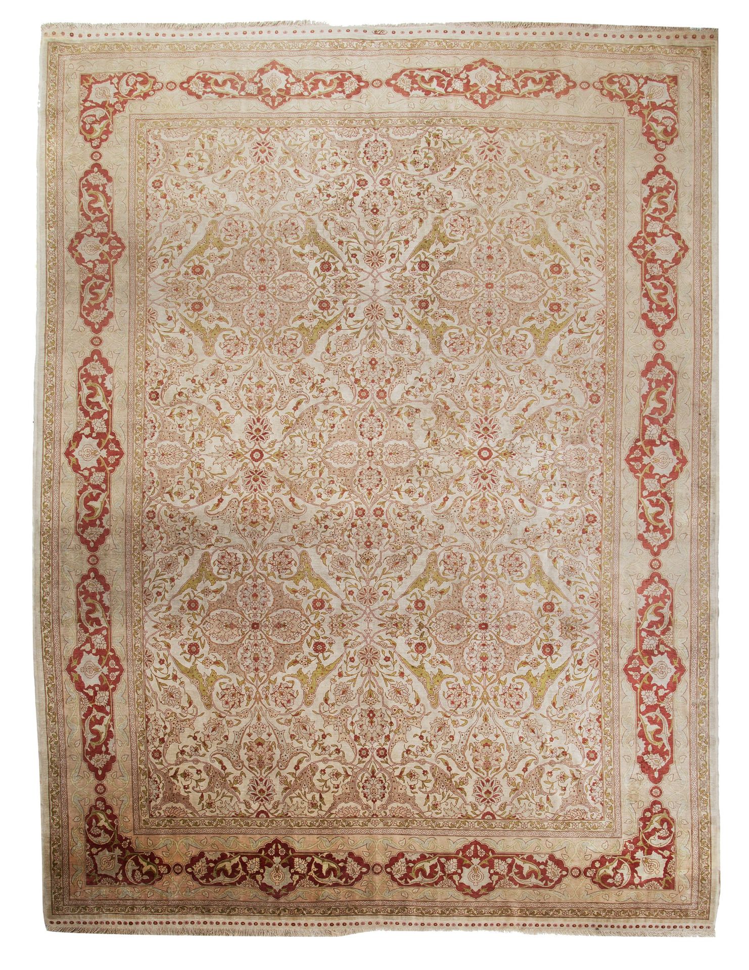 An Oriental silk on silk rug, floral decorated, signed, 201 x 301 cm