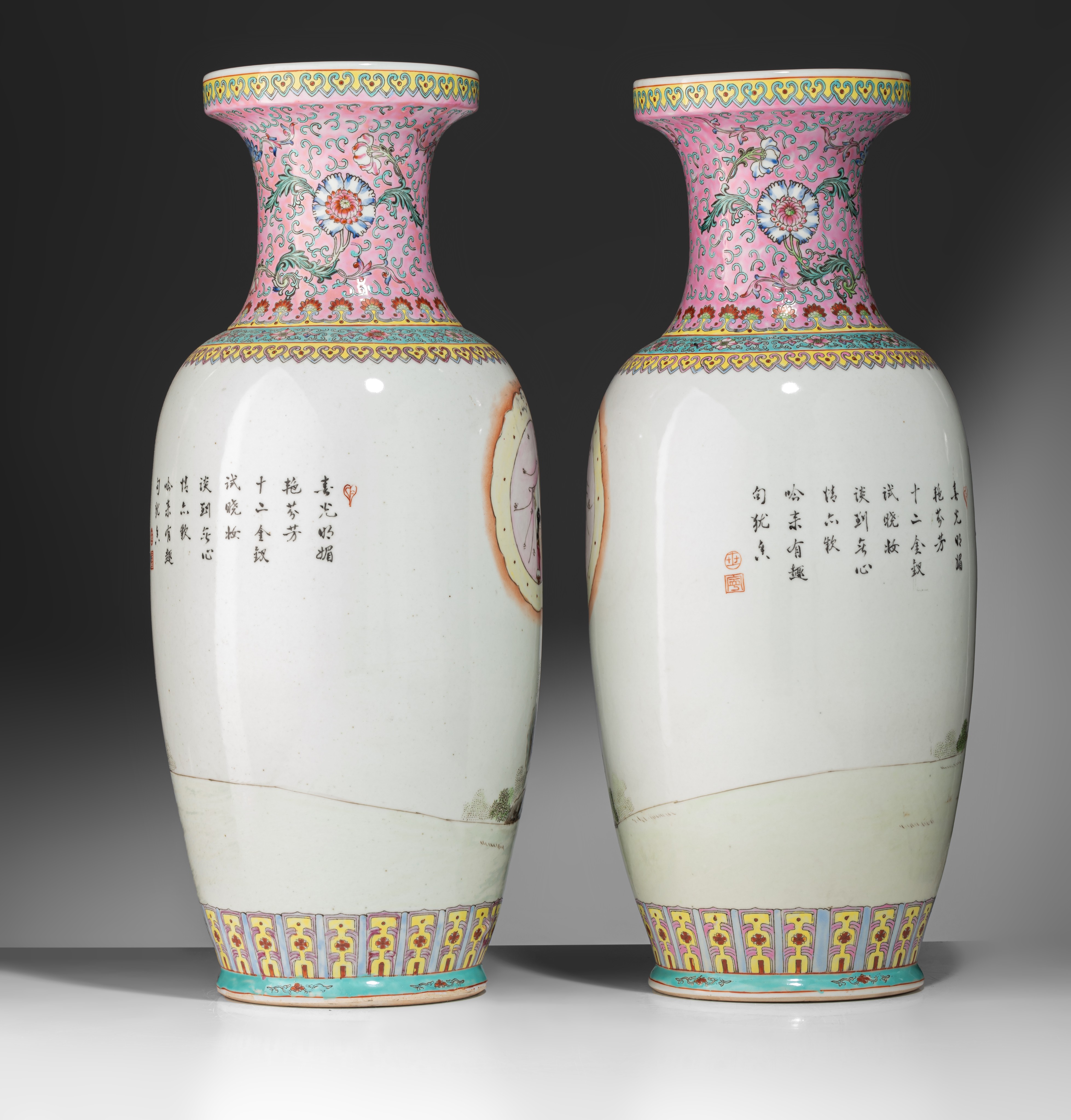 A pair of Chinese famille rose vases, 20thC, H 61 cm - Image 4 of 7