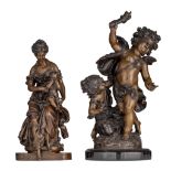 Two patinated bronze sculptures, both signed Moreau, H 38 - 47 cm