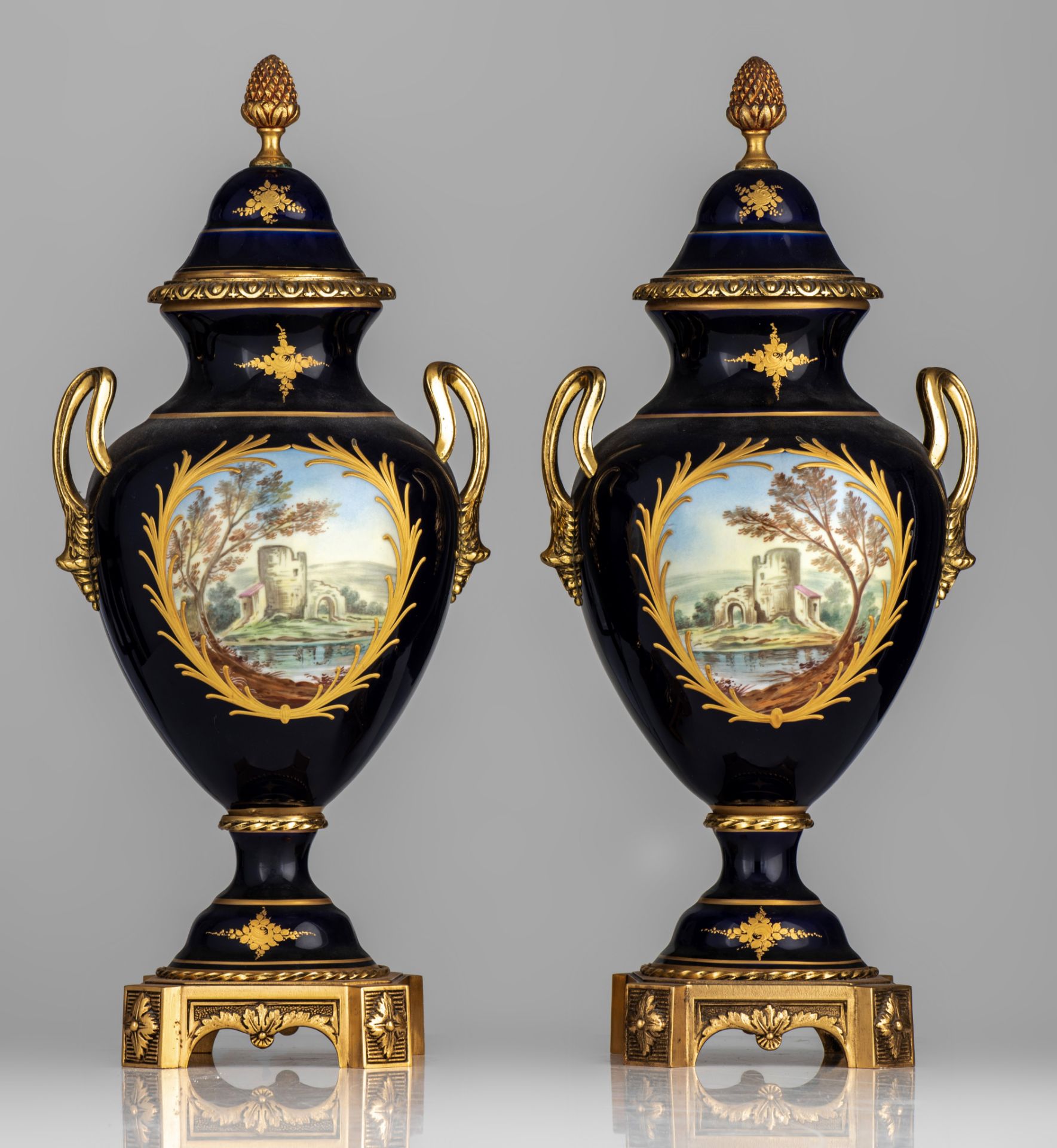 A three-piece Sèvres garniture set, decorated with gallant scenes, signed 'J. Césana', H 28,5 - 42,5 - Image 10 of 15