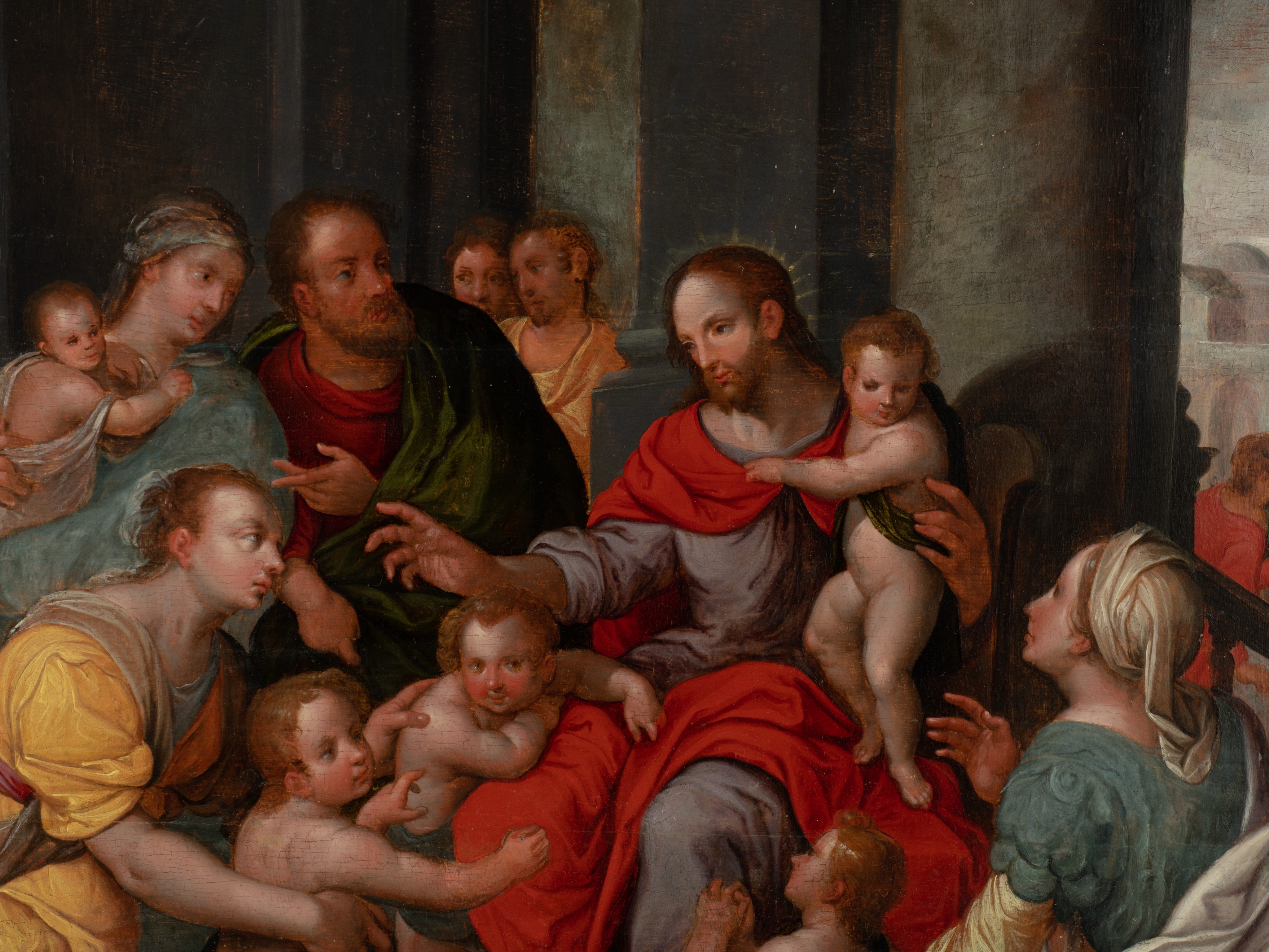 Attributed to Frans Floris, 'Let the children come to me', 16thC, oil on panel, 71 x 95 cm - Image 7 of 9