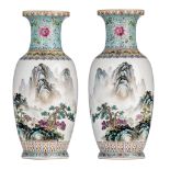 A pair of Chinese famille rose 'Mountainous landscape' vases, 20thC, H 46 cm