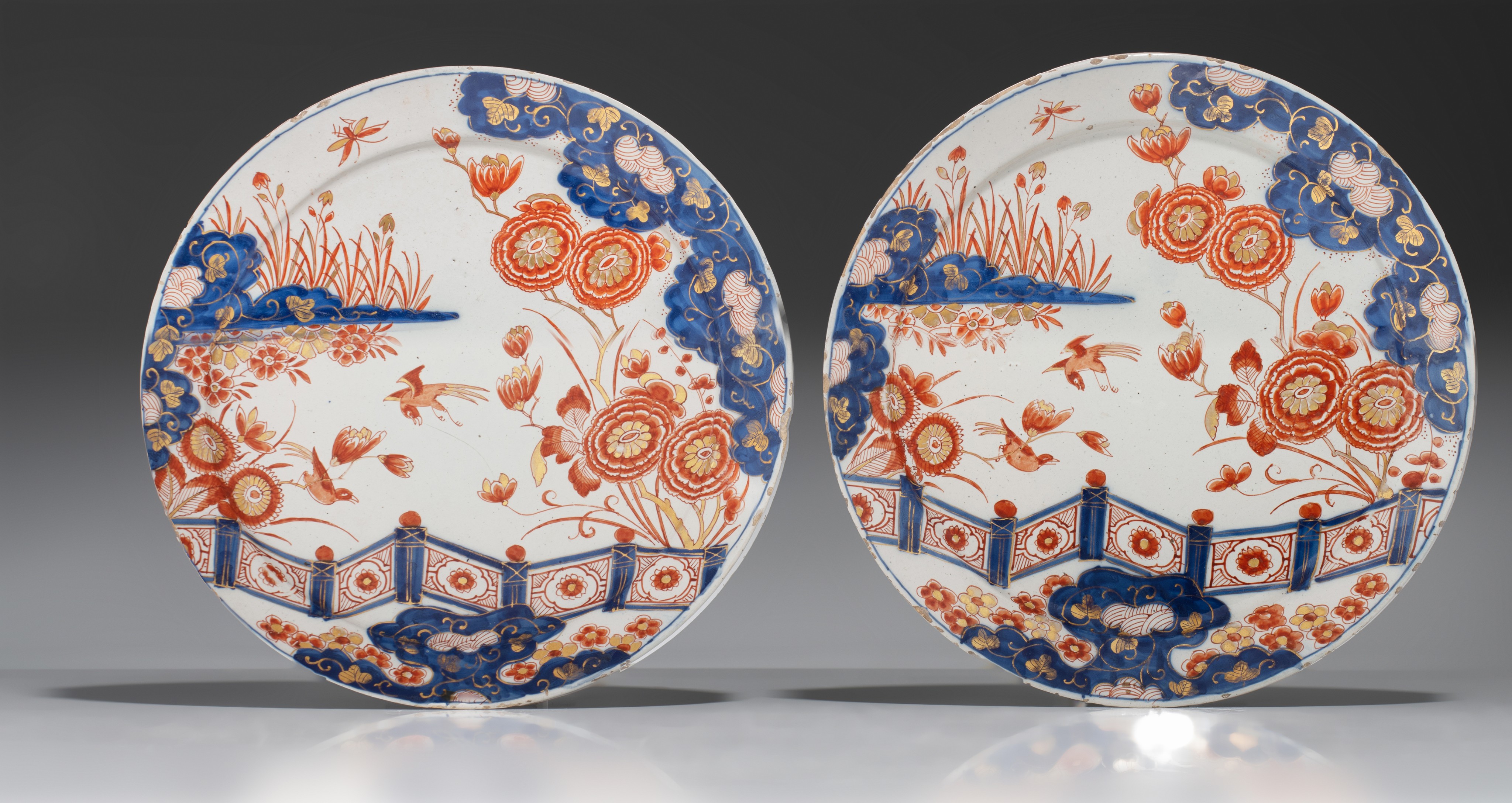 A various collection of 17th/18thC Dutch Delft Imari-style plates and a saucer, ø 22 / H 6 cm - Image 2 of 14