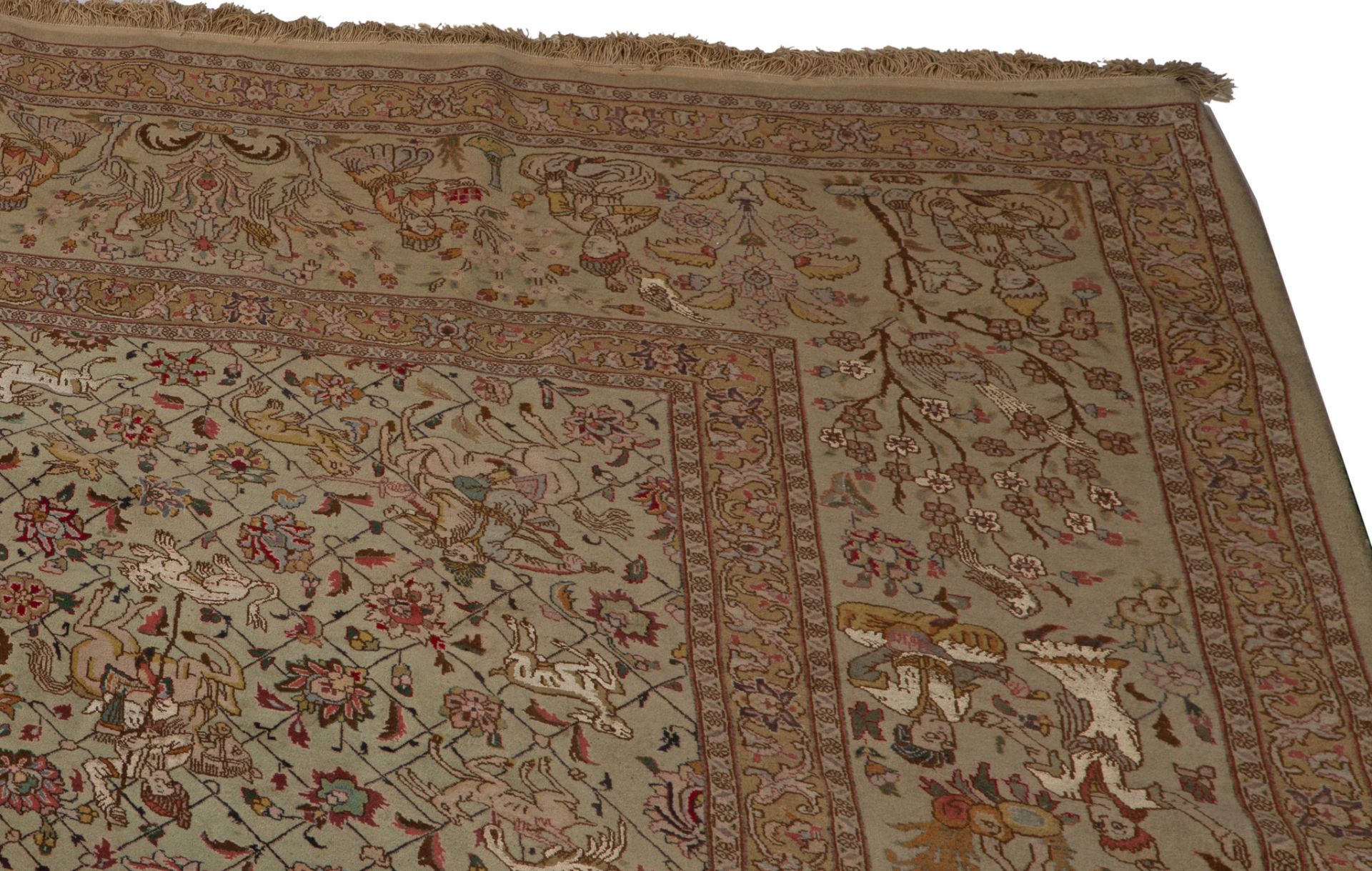 A large Oriental carpet decorated with hunting scenes to the field, 303 x 385 cm - Bild 8 aus 8