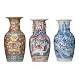 A Chinese blue and white vase and two famille rose vases, 19thC, tallest H 46 cm