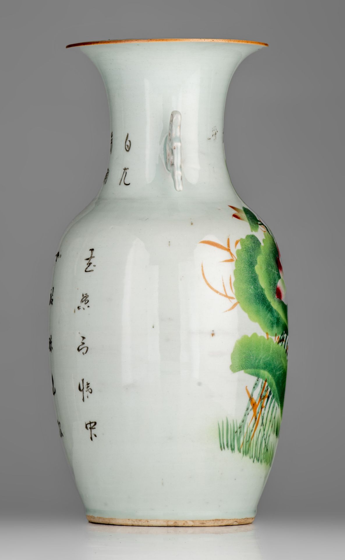 Four Chinese famille rose vases, some with a signed text, 19thC and Republic period, H 42,5 - 43,5 c - Bild 11 aus 20