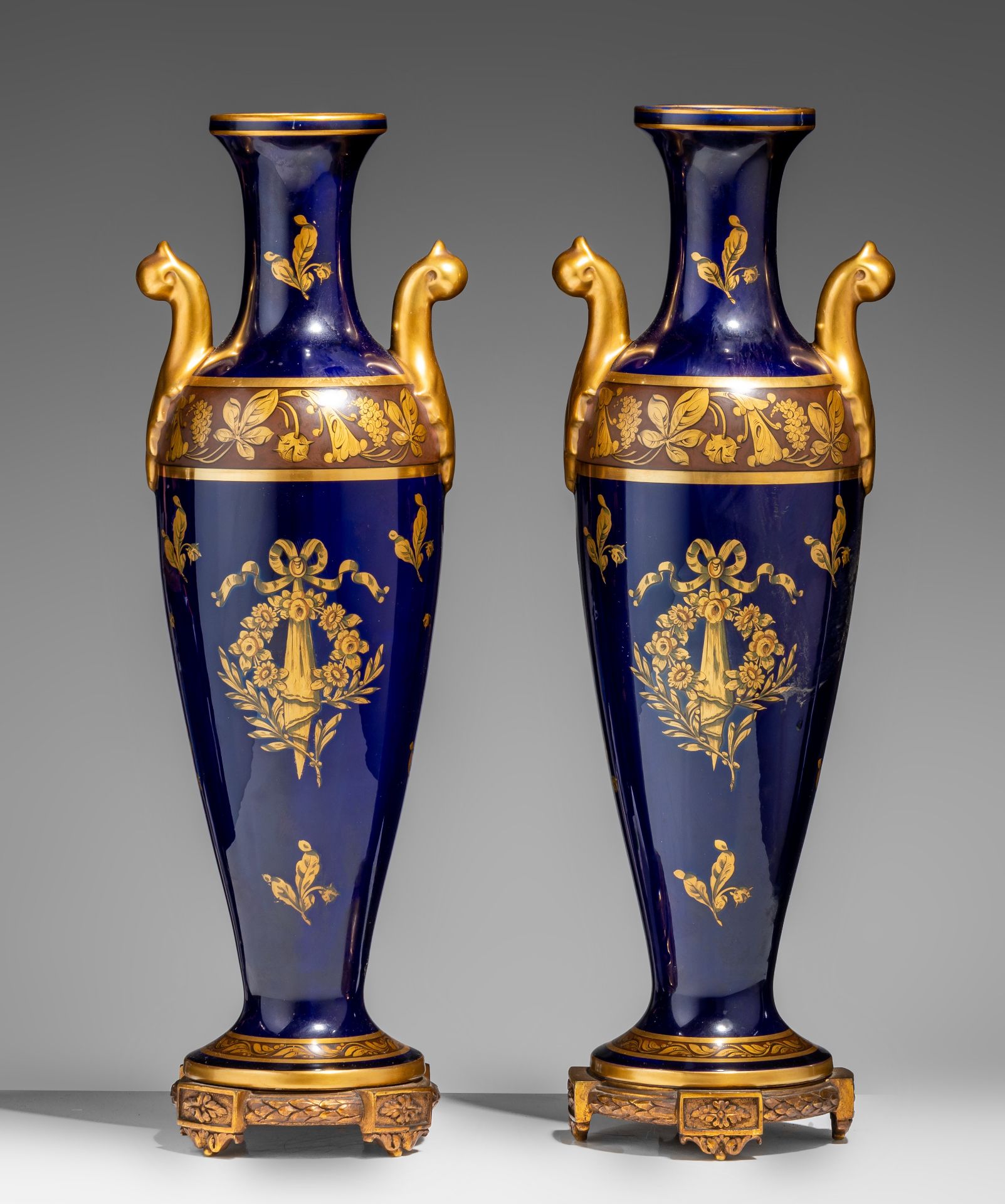 A pair of blue Royal ground and gilt decorated oblong Sevres-type vases, H 49,5 cm - Image 2 of 7