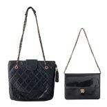 Two vintage Chanel black leather handbags, H 18,5 x 25 cm / H 27 x 30 cm
