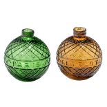 Two target balls, green and amber-coloured moulded glass, marked Gevelot - Paris, 1875-1900, H 7 cm