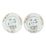 A rare pair of Chinese famille rose, gilt and grisailles 'Quails and peonies' export dishes, 18thC,