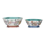 Two Chinese famille rose 'Figural' hexagonal footed bowls, the inside turquoise glazed, both marked