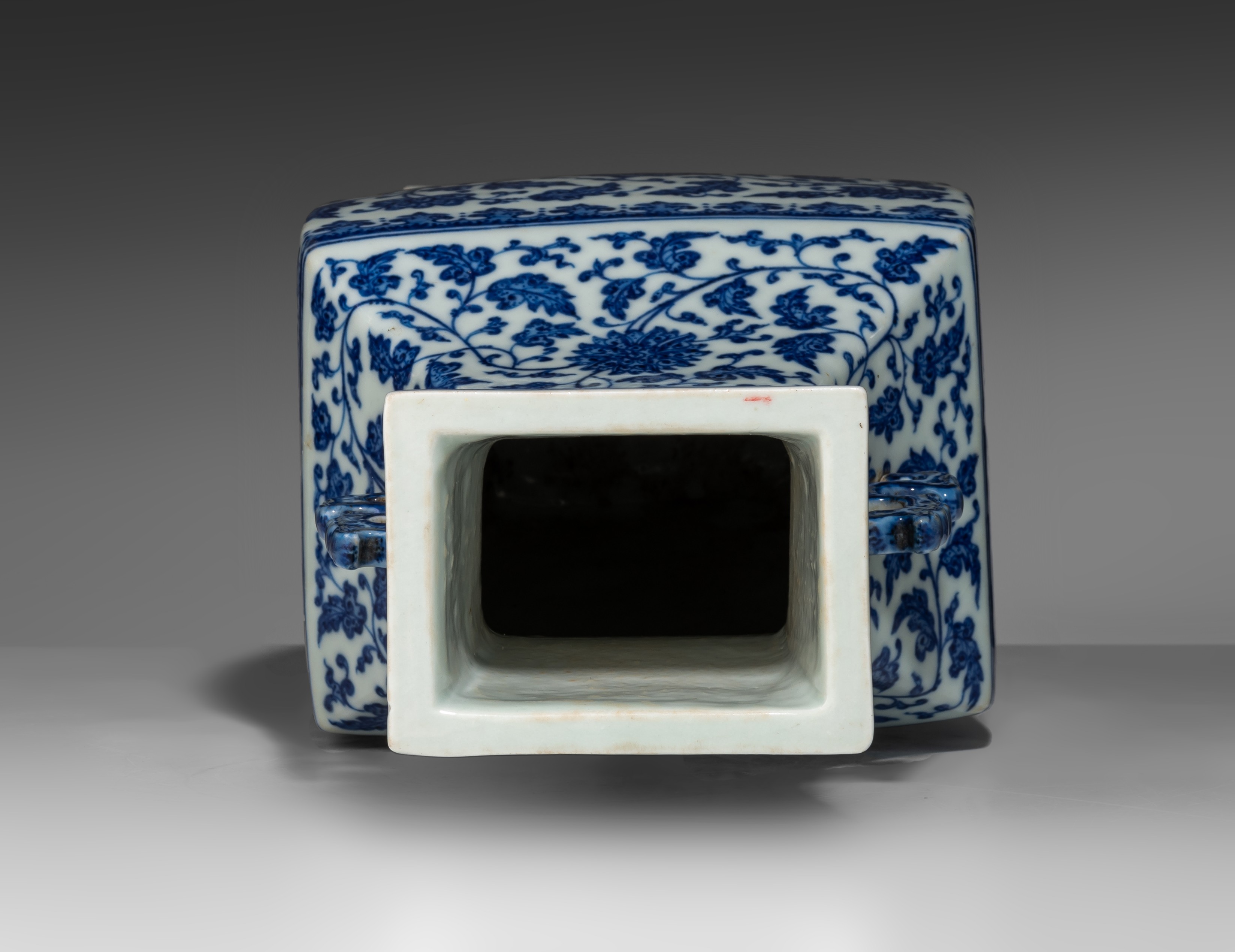 A Chinese blue and white 'Lotus scrolls' fanghu vase, paired with dragon handles, with a Qianlong ma - Image 7 of 9