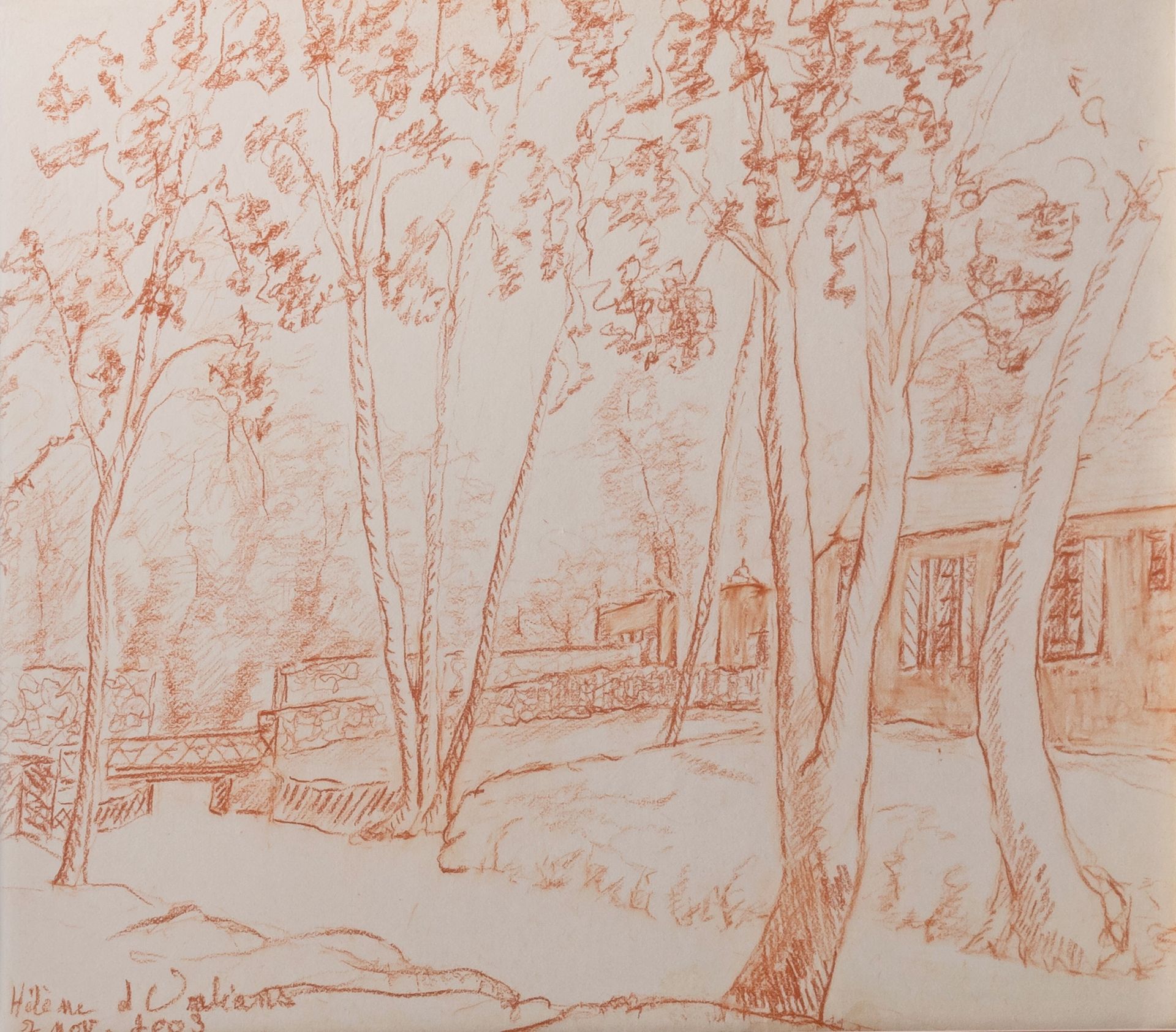 Hélène d'Orléans (1934), landscape with trees, sanguine drawing, 24,5 x 31,5 cm