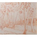 Hélène d'Orléans (1934), landscape with trees, sanguine drawing, 24,5 x 31,5 cm