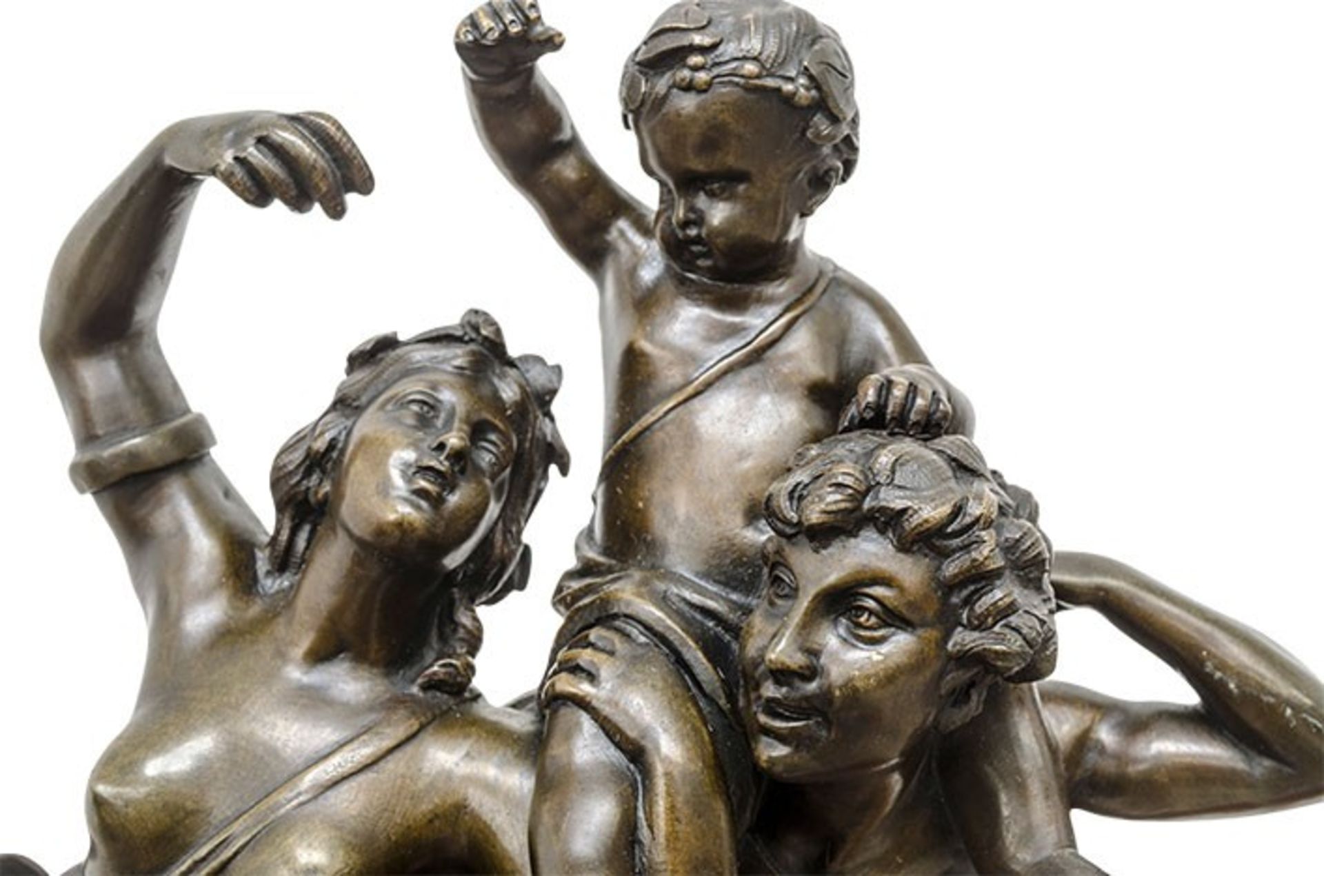 Clodion (1738-1814), bacchanal group, patinated bronze on a Rouge Napoleon marble base, H 45 cm (tot - Image 3 of 5