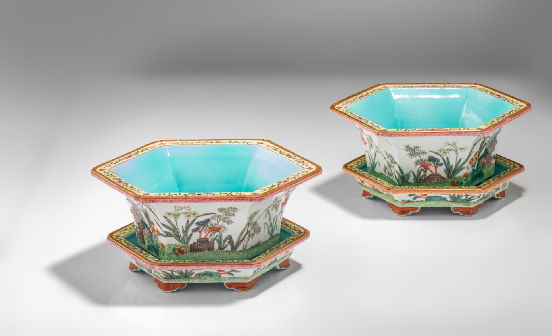 A pair of Chinese famille rose and turquoise enamelled hexagonal jardinières and stands, marked Shen - Image 12 of 12