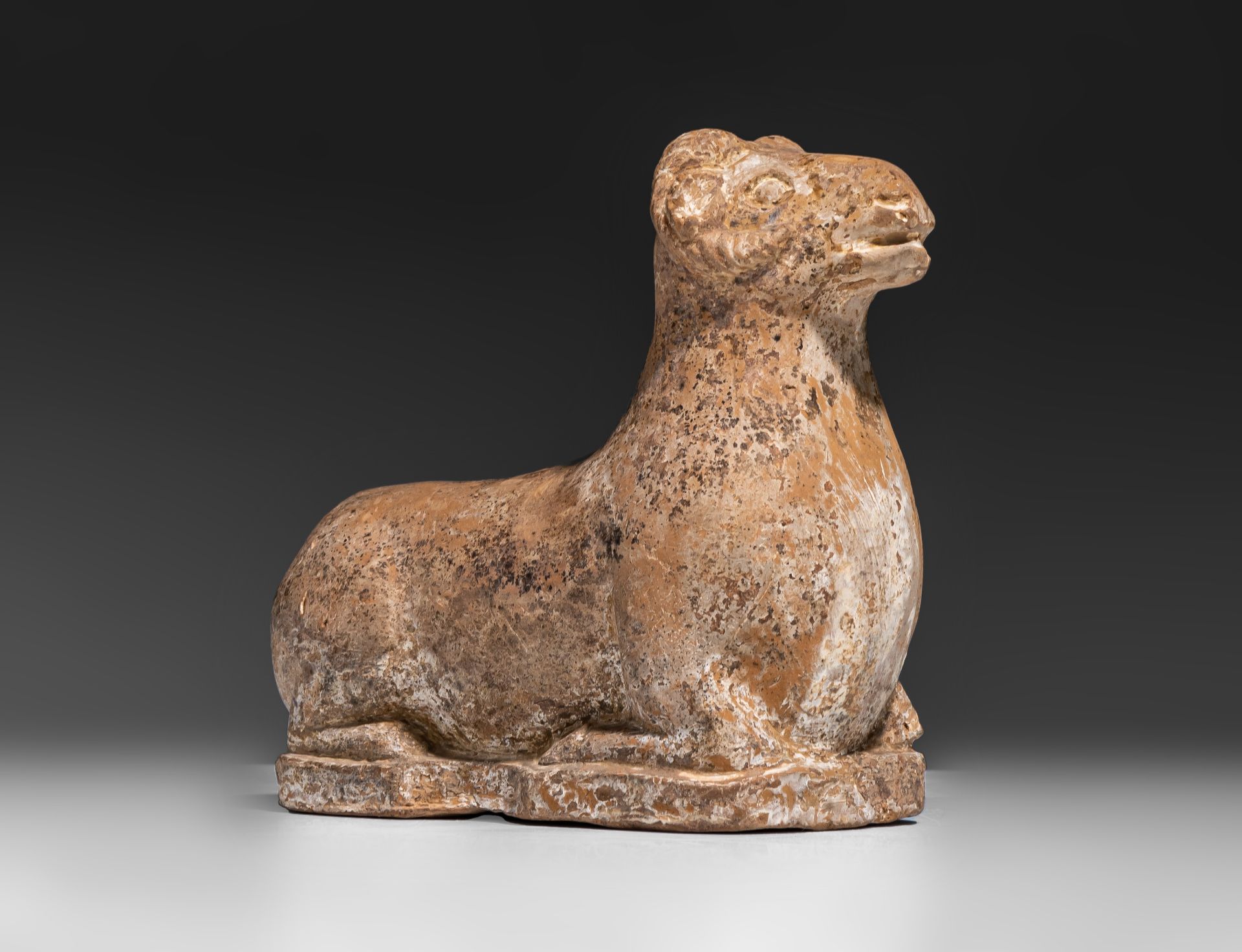 A Chinese Han pottery figure of a recumbent ram, Han dynasty, L 16 - H 11,9 cm - Image 2 of 9