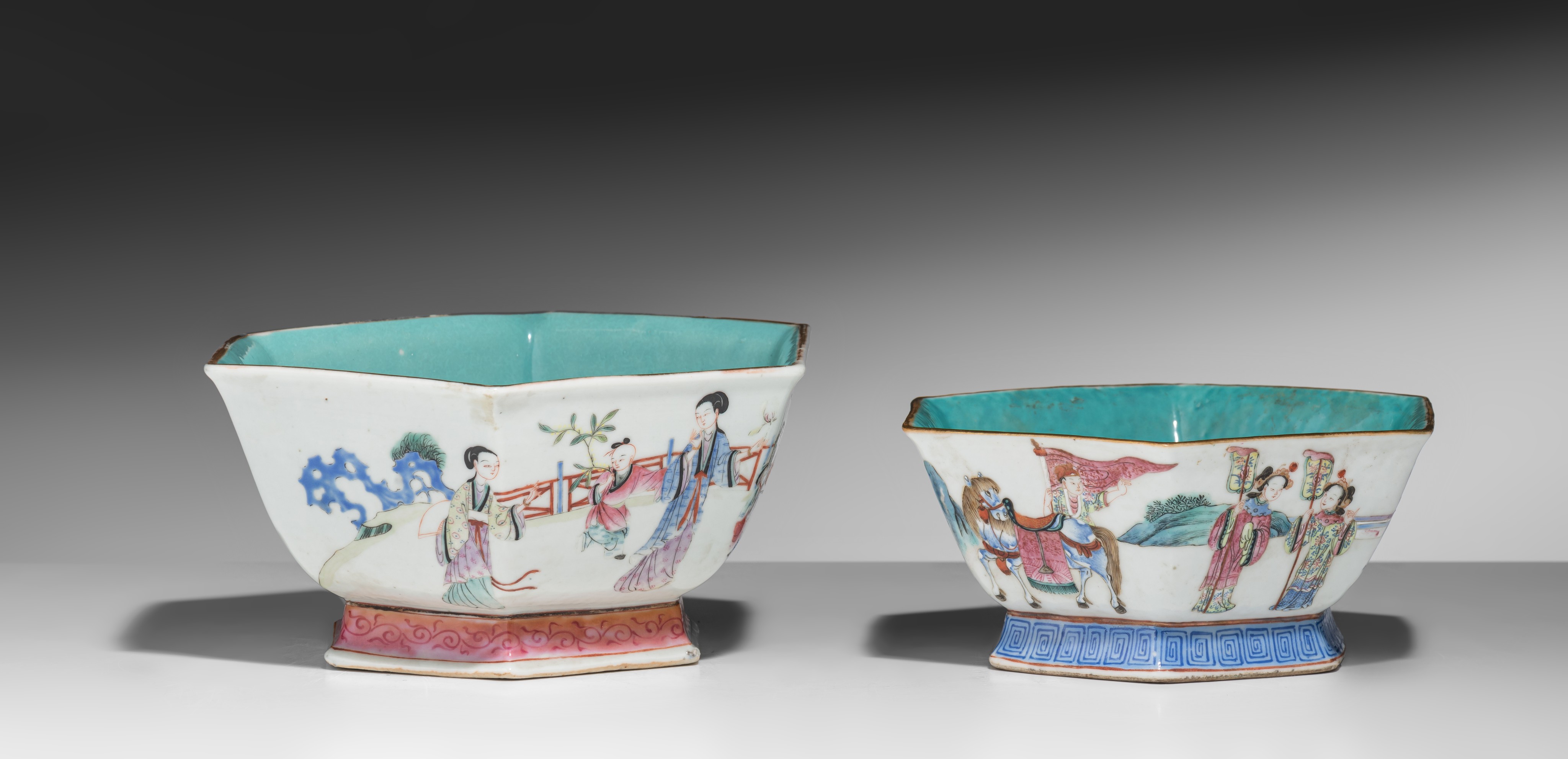 Two Chinese famille rose 'Figural' hexagonal footed bowls, the inside turquoise glazed, both marked - Image 5 of 9