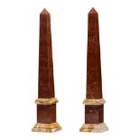 A pair of rouge Royal and yellow Sienna marble obelisks, H 48 cm