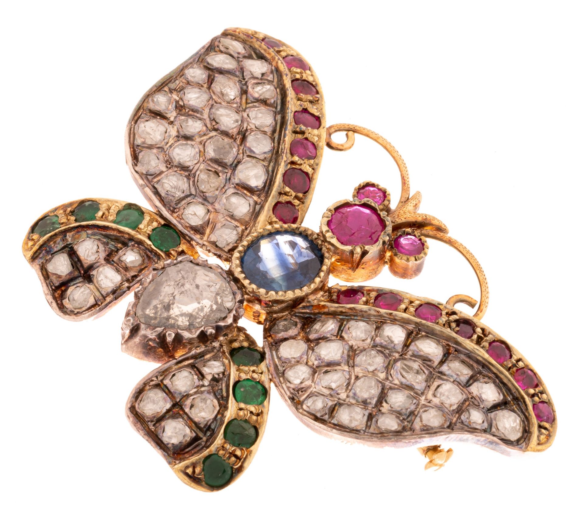 A butterfly-shaped brooch in 18ct yellow gold, set with diamonds, emeralds, rubies and sapphire, H 3 - Image 3 of 3