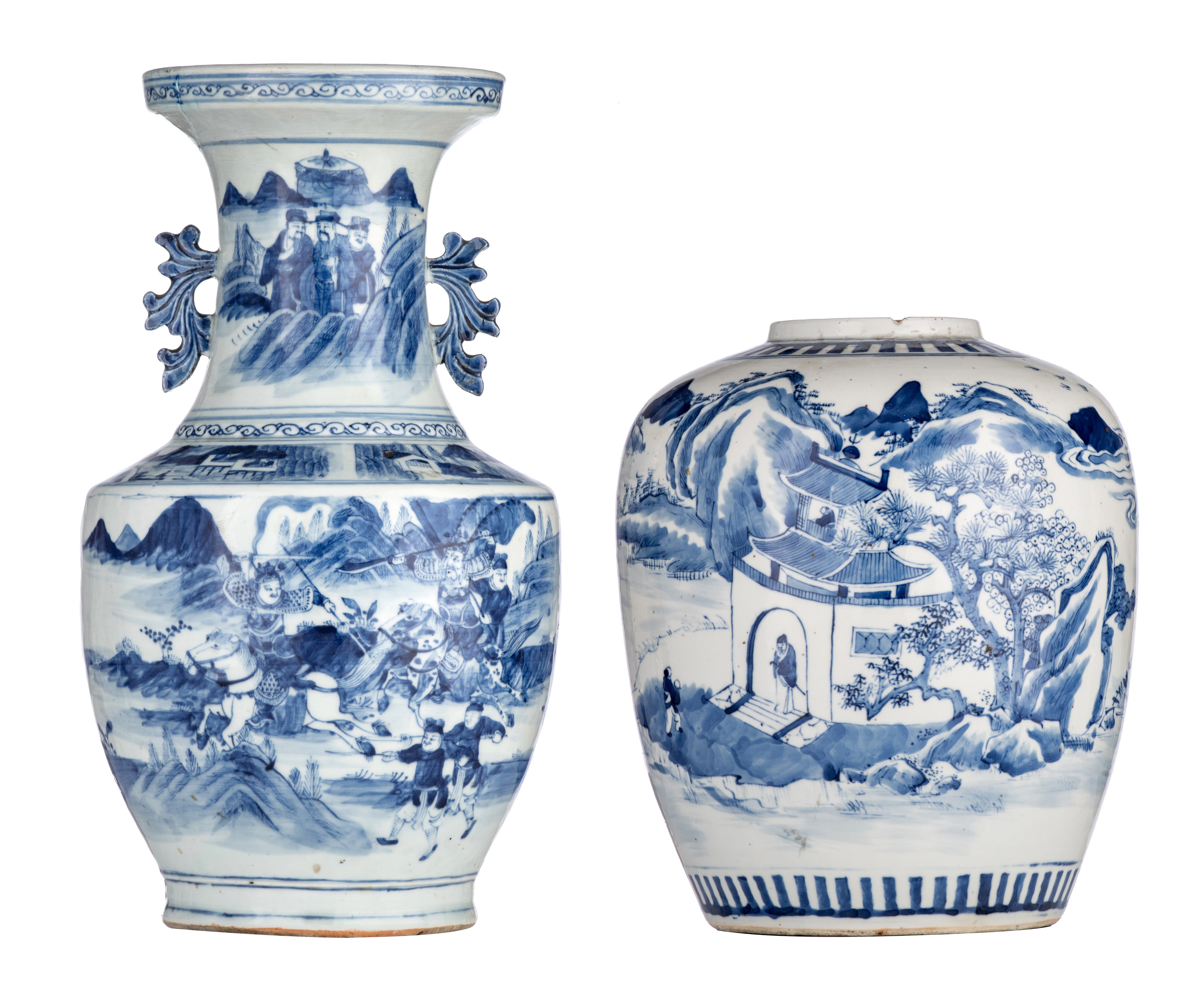 A Chinese blue and white Hu vase, paired with foliate handles, 19thC, H 44 cm - and a ditto jar, 19t