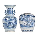 A Chinese blue and white Hu vase, paired with foliate handles, 19thC, H 44 cm - and a ditto jar, 19t