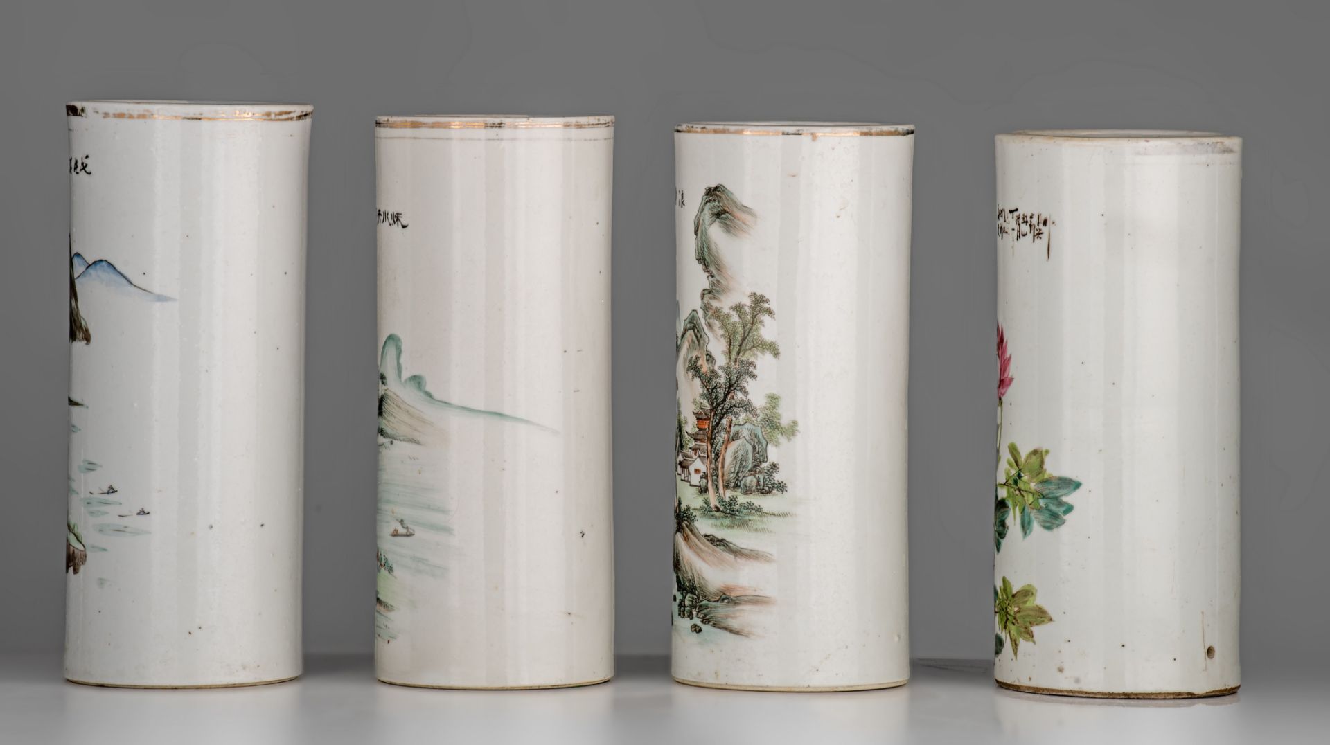 A collection of four Chinese Qianjiangcai cylindrical vases, each with a signed text, Republic perio - Image 3 of 7