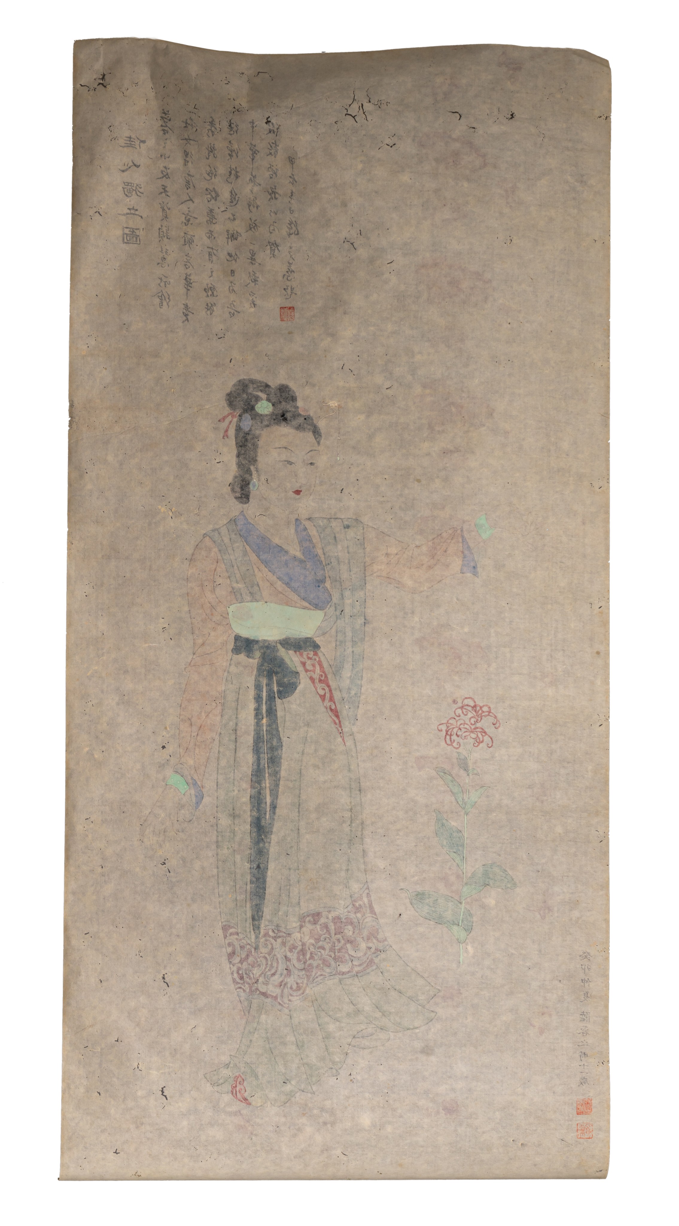 A Chinese scroll painting of a lady, ink and watercolour on paper, with signed texts, 119 x 56,5 cm - Image 2 of 4