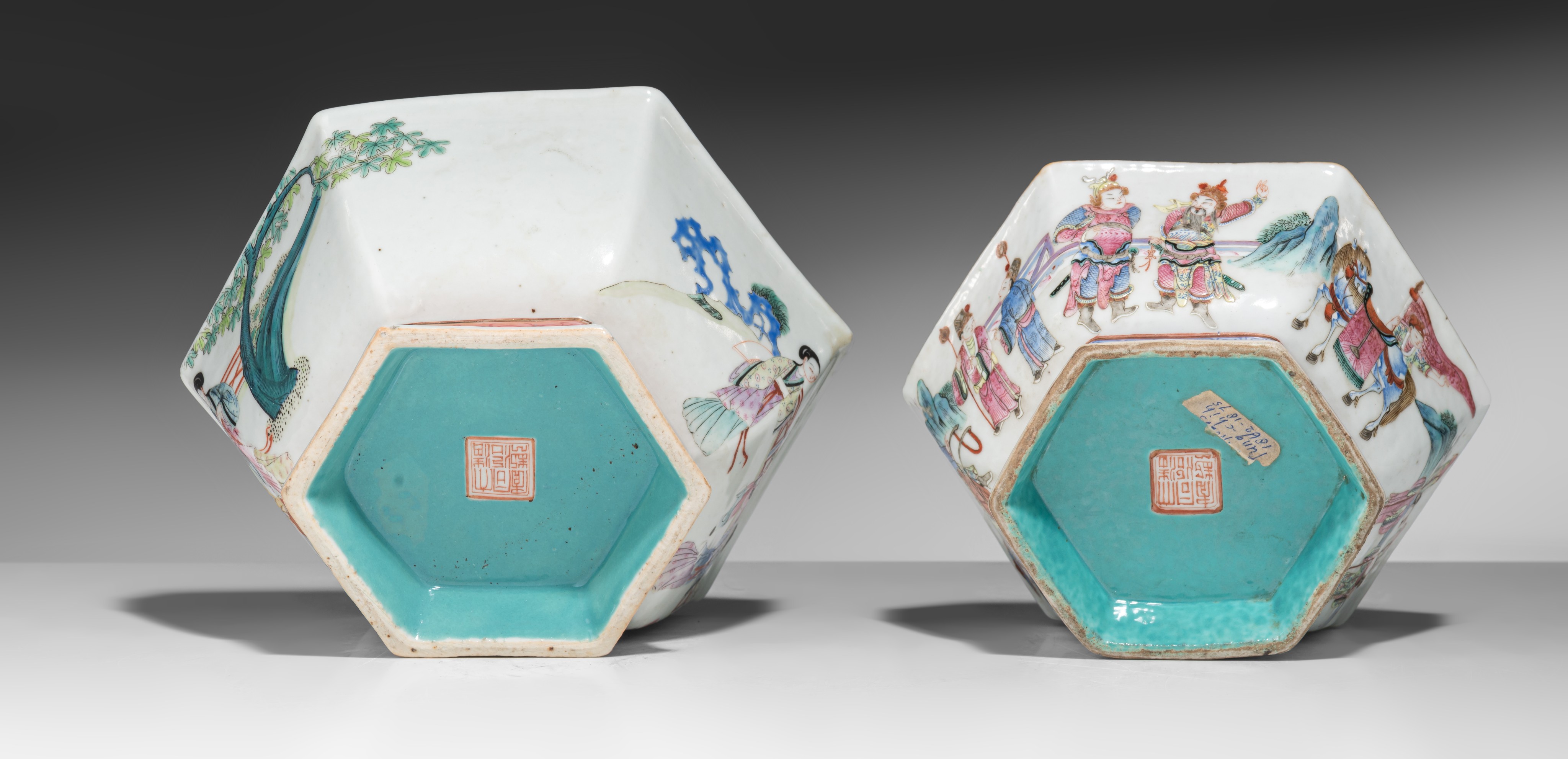 Two Chinese famille rose 'Figural' hexagonal footed bowls, the inside turquoise glazed, both marked - Image 7 of 9