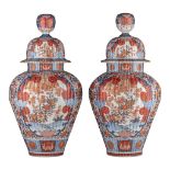 A pair of large Japanese Imari ribbed vases and covers, Edo period, late 18thC, H 69,5 cm