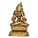 A Sino-Tibetan gilt-bronze figure of Vajrasattva, with semi-precious stone inlay, 19thC, H 13,5 cm -