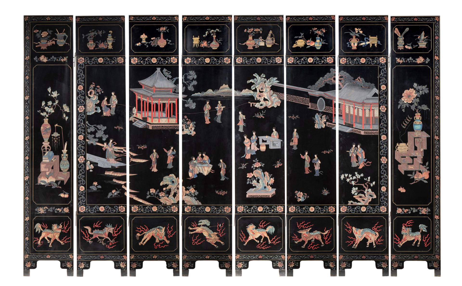 A Chinese eight-panel double-sided Coromandel lacquer chamber screen, late Qing/Republic period, 214