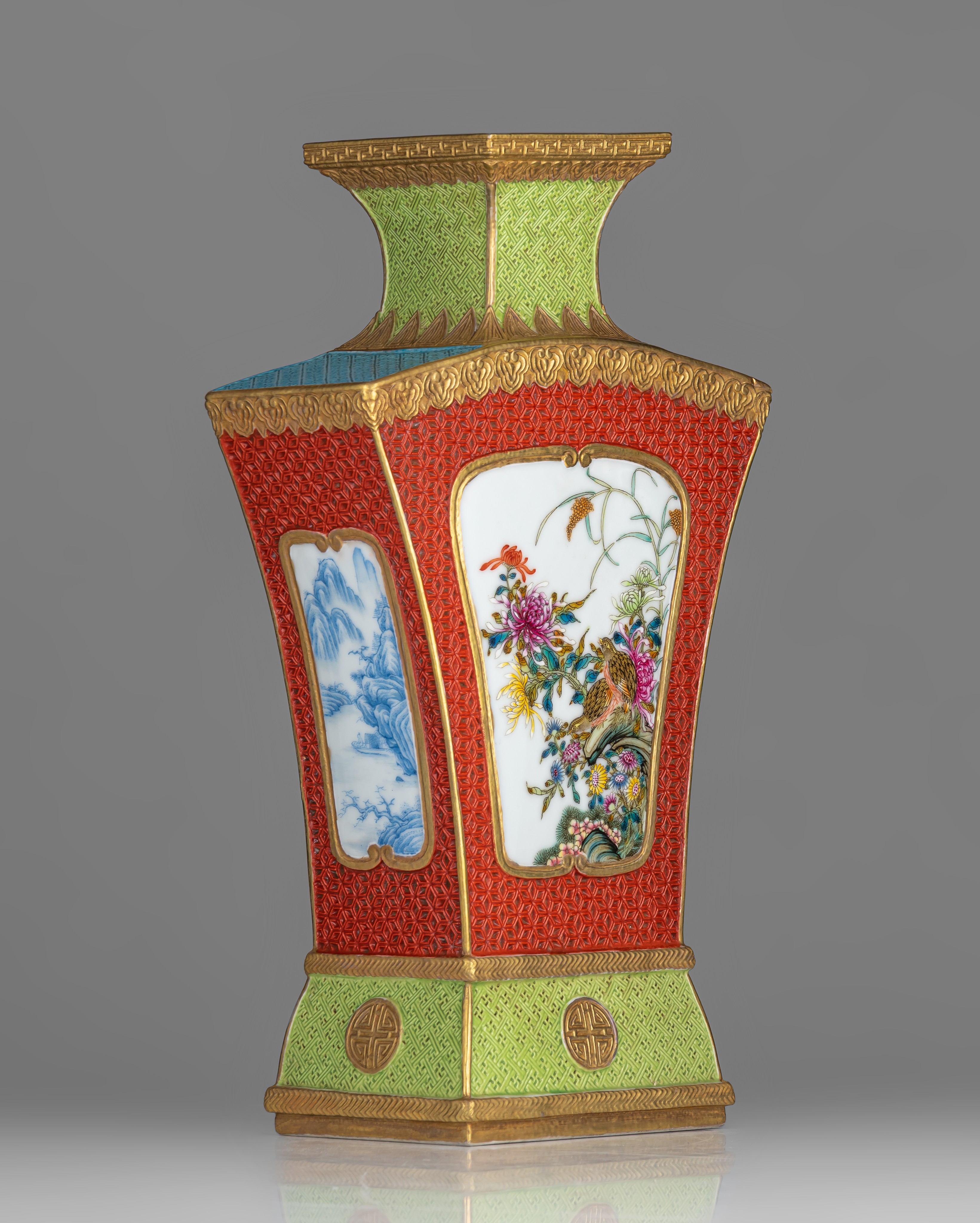 A Chinese famille rose Hu vase, with a Qianlong mark, 20thC, H 31 cm - Image 5 of 8