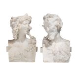 A large pair of Carrara marble busts of a satyr and a nymph, H 55 - 56 cm