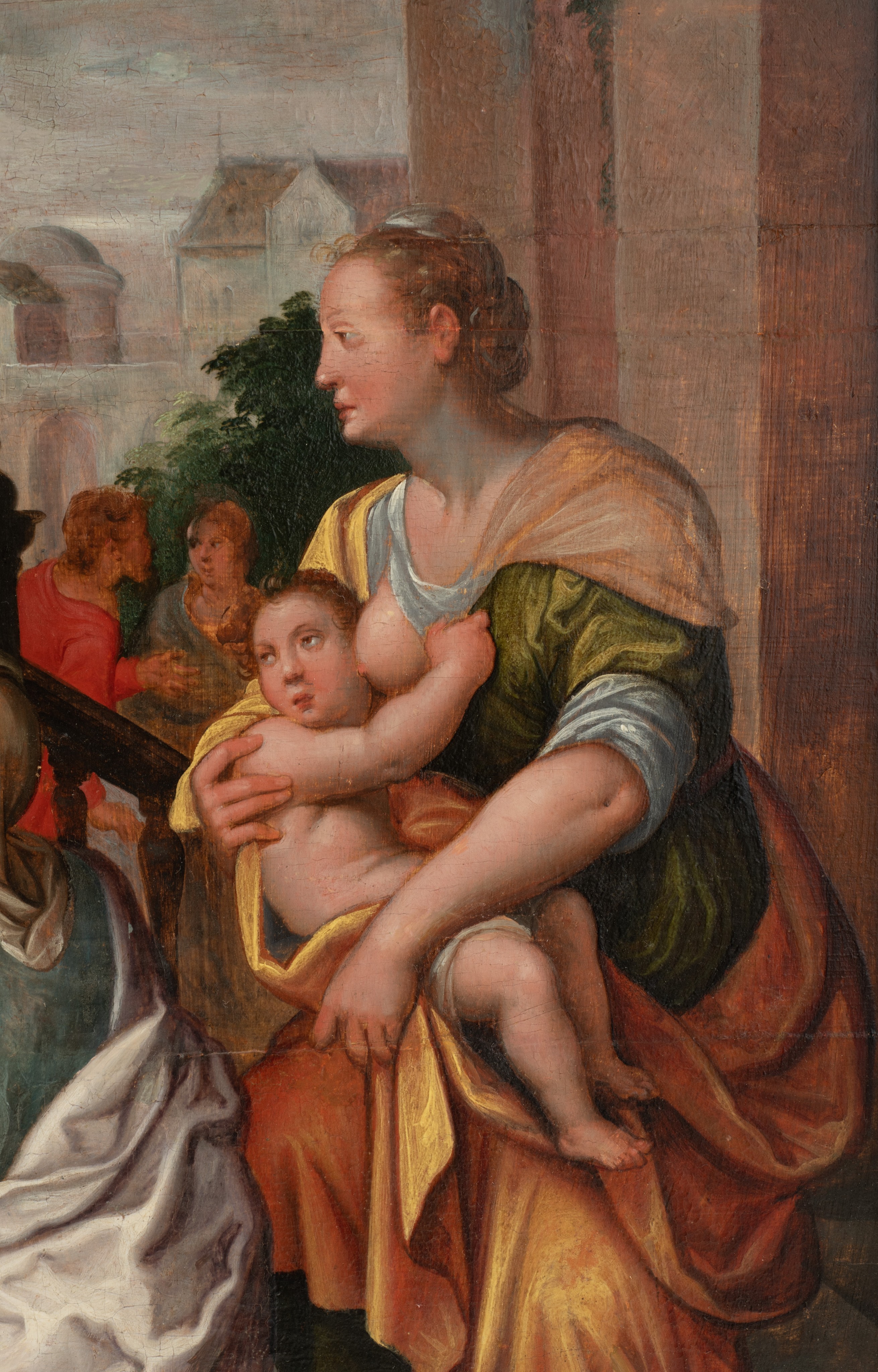 Attributed to Frans Floris, 'Let the children come to me', 16thC, oil on panel, 71 x 95 cm - Image 5 of 9