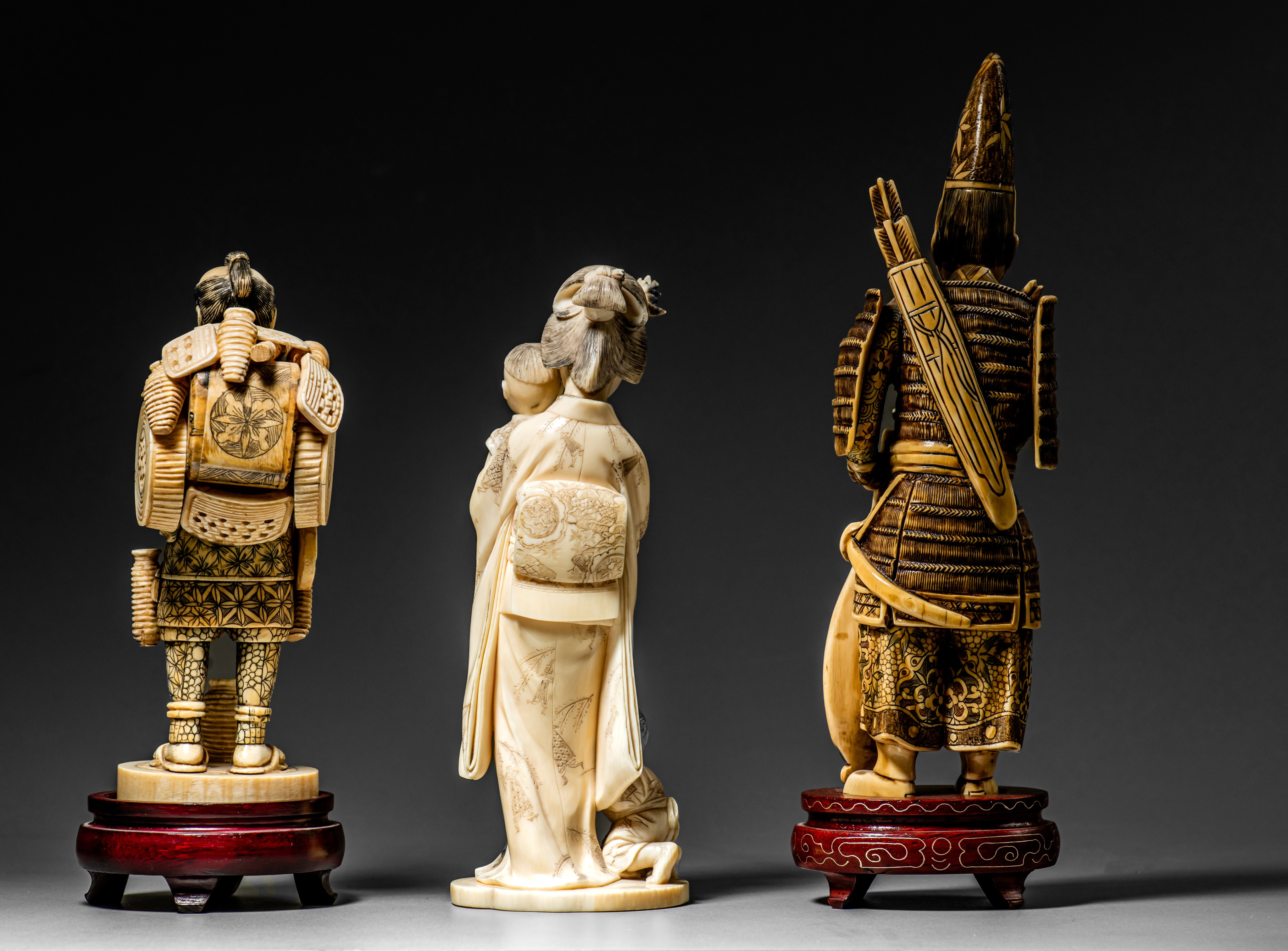 Three various Japanese carved ivory okimono (+) - Image 17 of 23