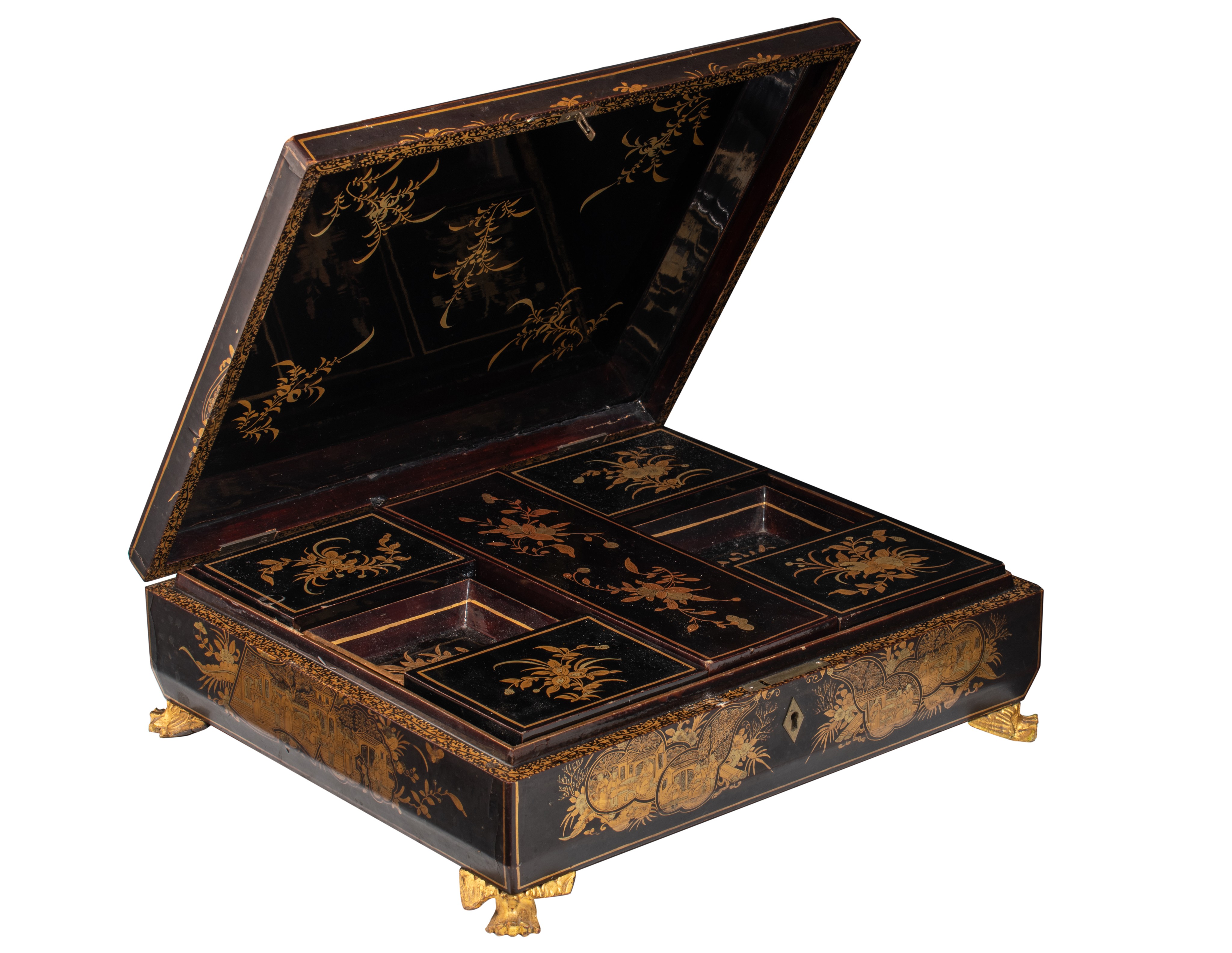 A South-Chinese export gilt and black lacquer game box, 19thC, H 12 - 35 x 30 cm