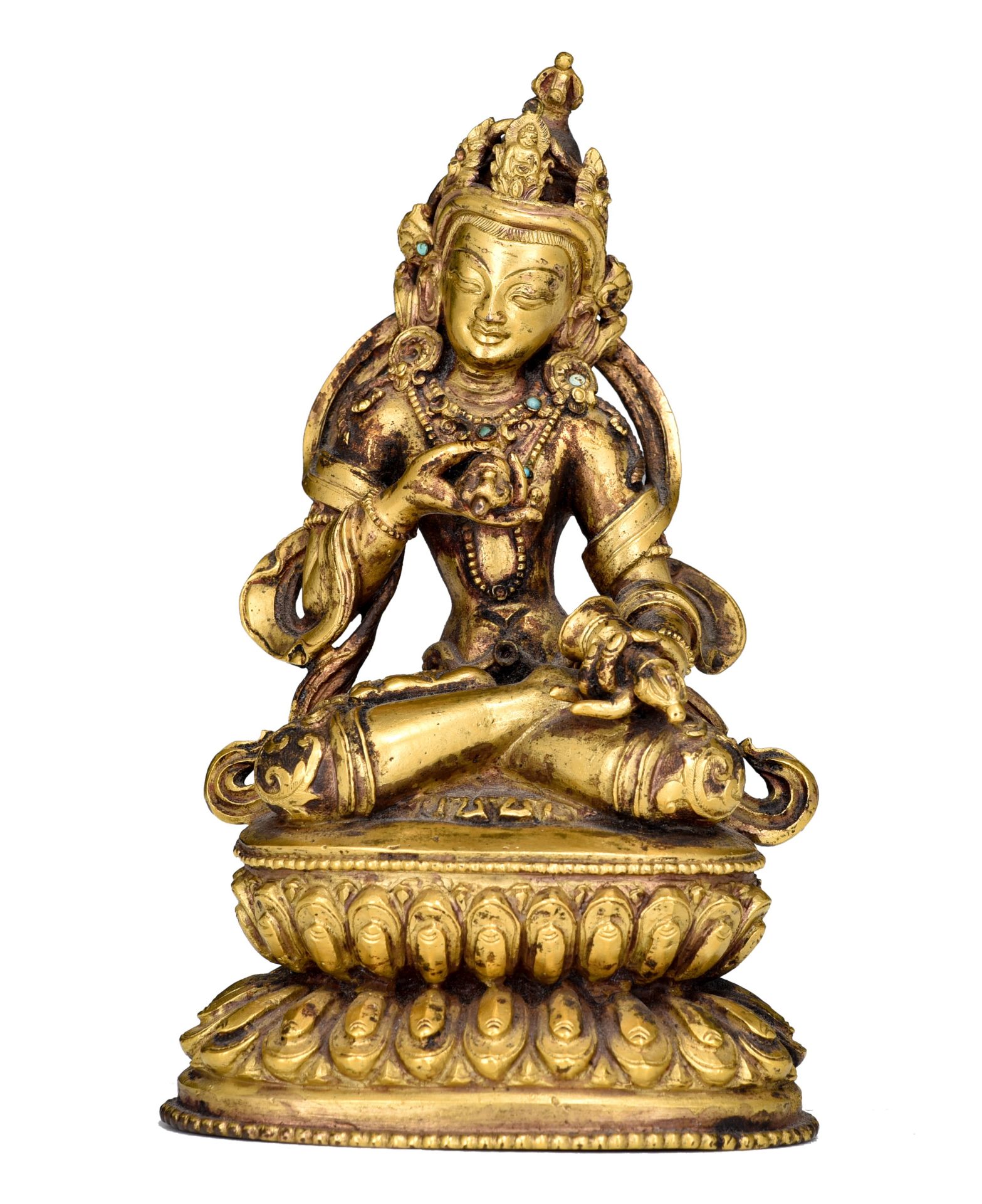 A Sino-Tibetan gilt-bronze figure of Vajrasattva, with semi-precious stone inlay, 19thC, H 13,5 cm - - Image 7 of 12