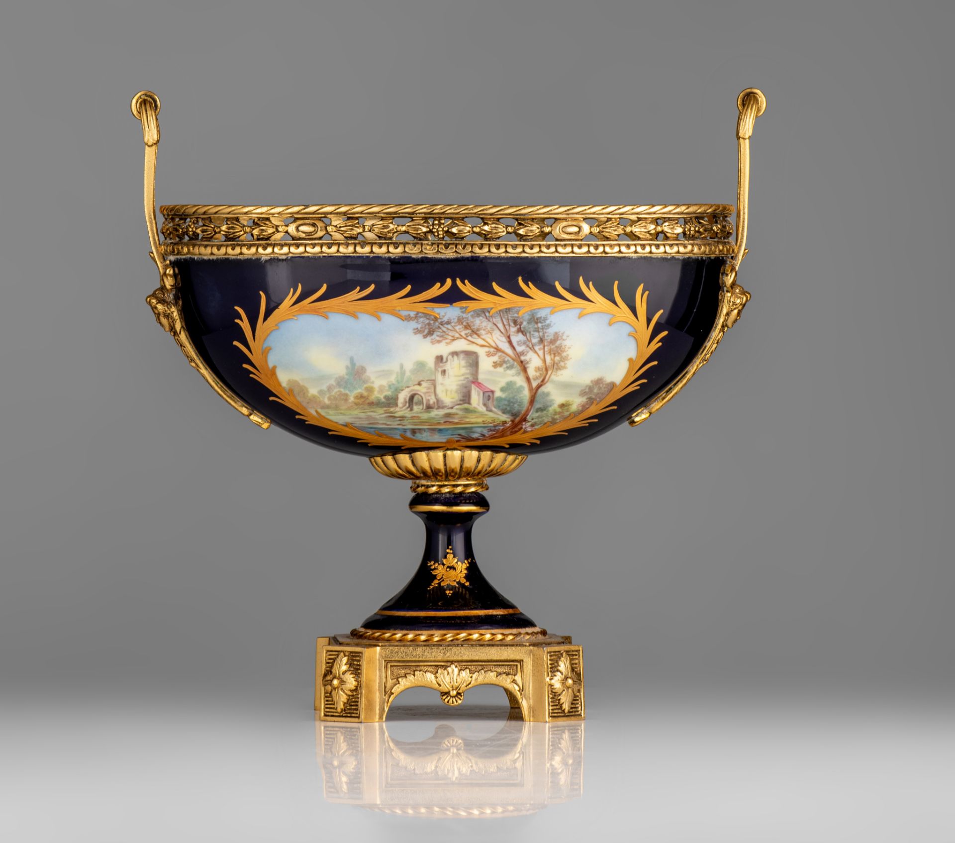 A three-piece Sèvres garniture set, decorated with gallant scenes, signed 'J. Césana', H 28,5 - 42,5 - Image 4 of 15
