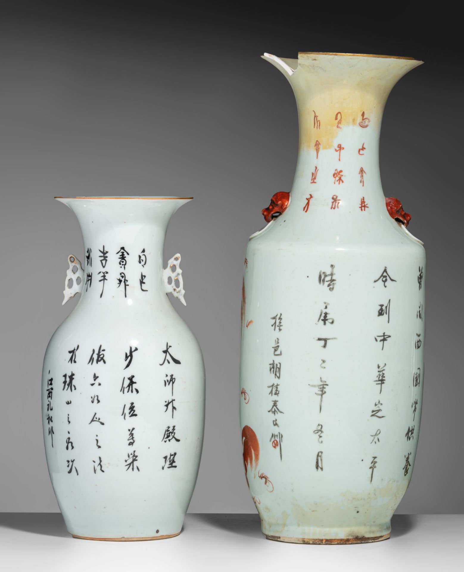 Two Chinese iron-red 'Buddhist lions' vases, both with a signed text and paired with lion head handl - Bild 4 aus 7