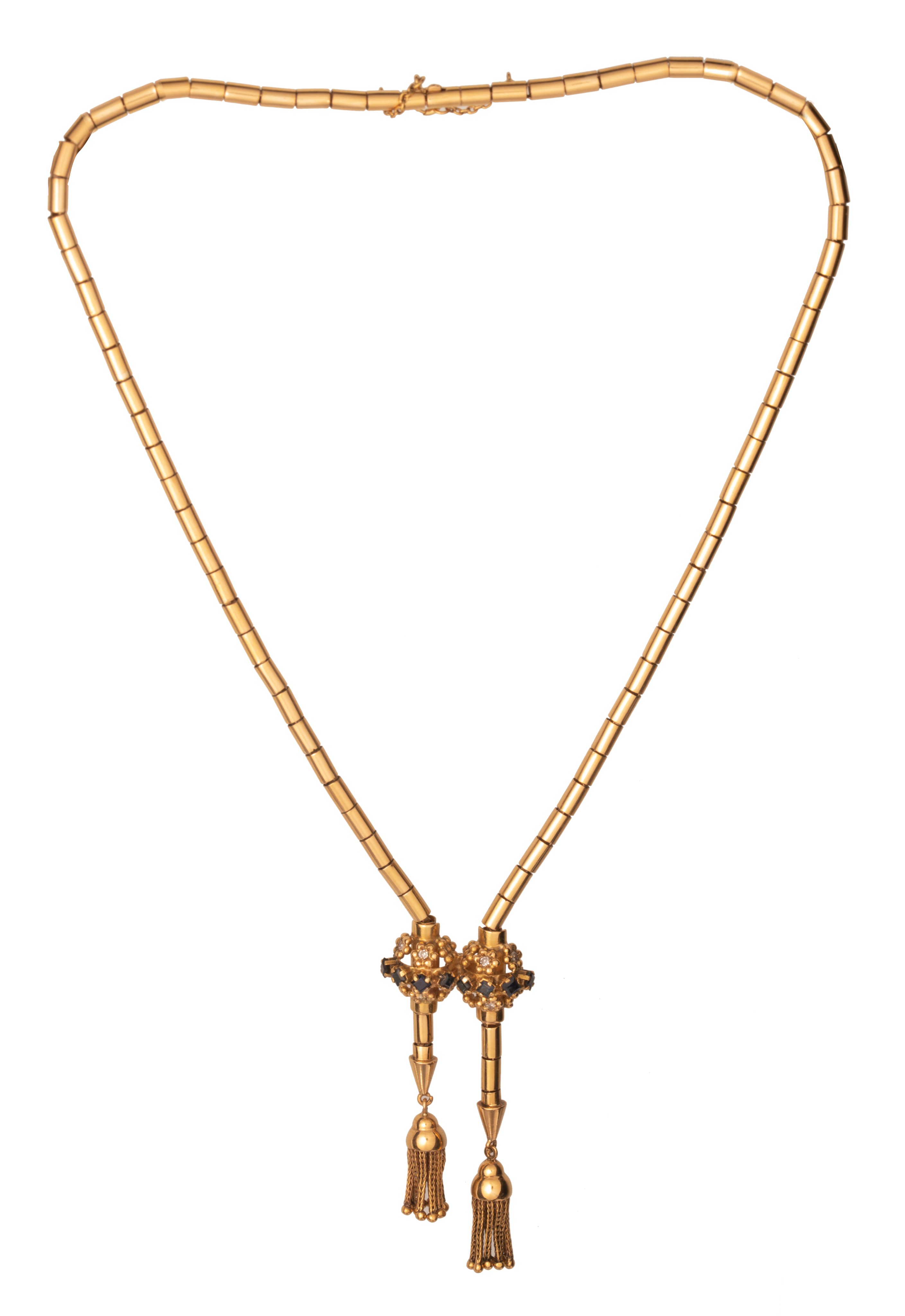 A box chain necklace in 18ct yellow gold, set with blue sapphires and diamonds, 37 g