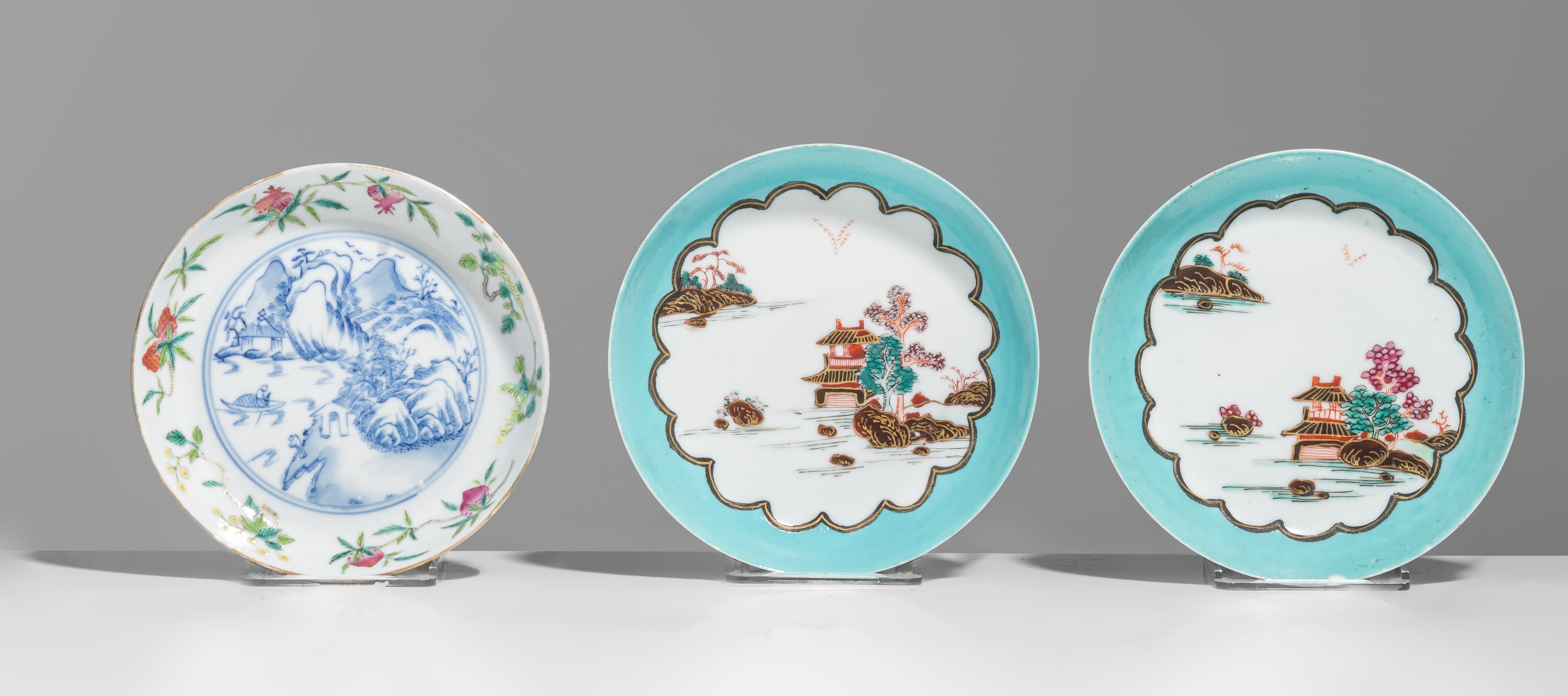 Two rare sets of Meissen-inspired Chinese export porcelain cups and saucers, 18thC, tallest H 7,5 cm - Image 2 of 10