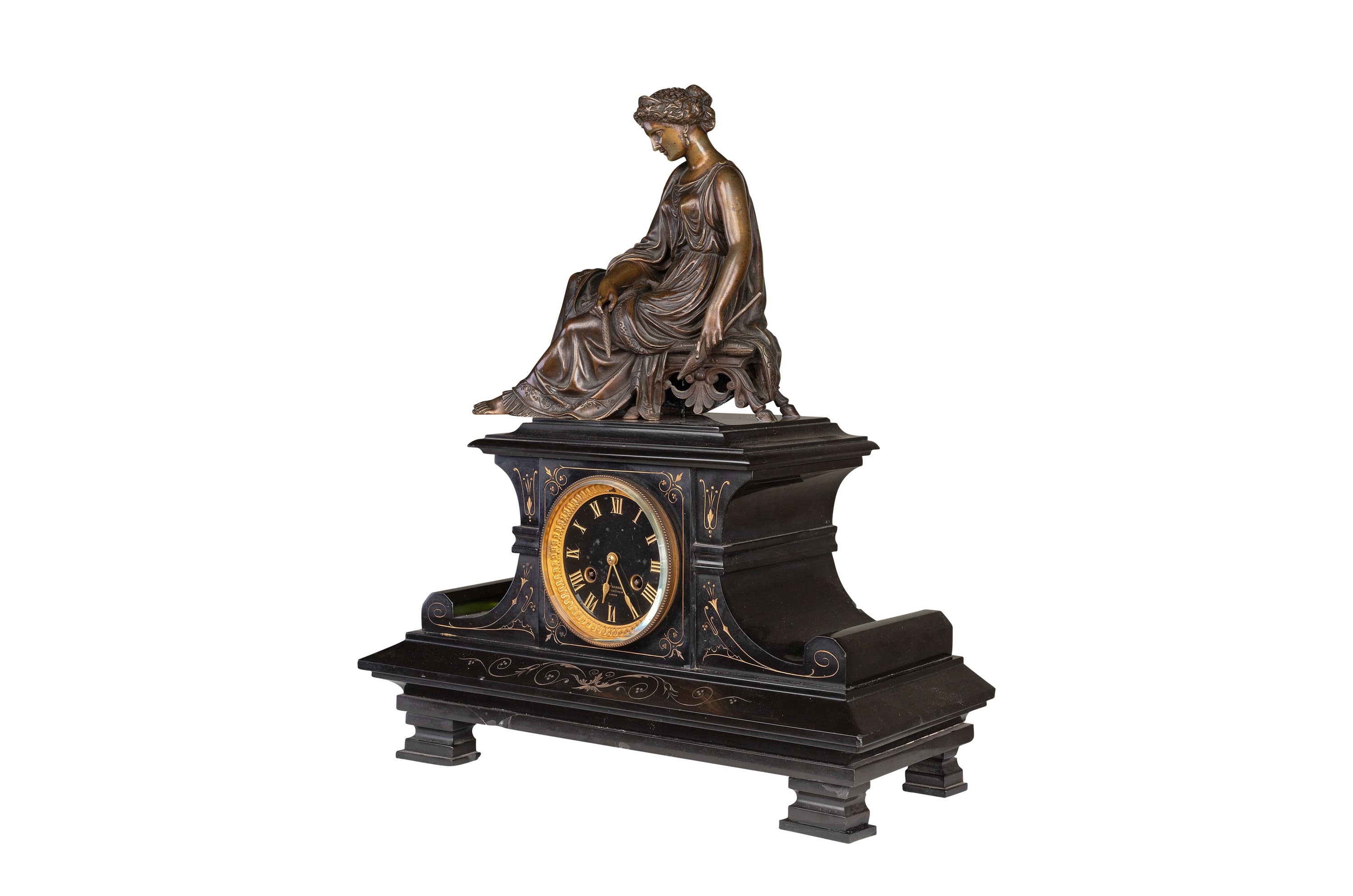A Napoleon III marble mantle clock, with on top a patinated bronze female spinner, H 51 - W 44,5 cm - Image 4 of 5