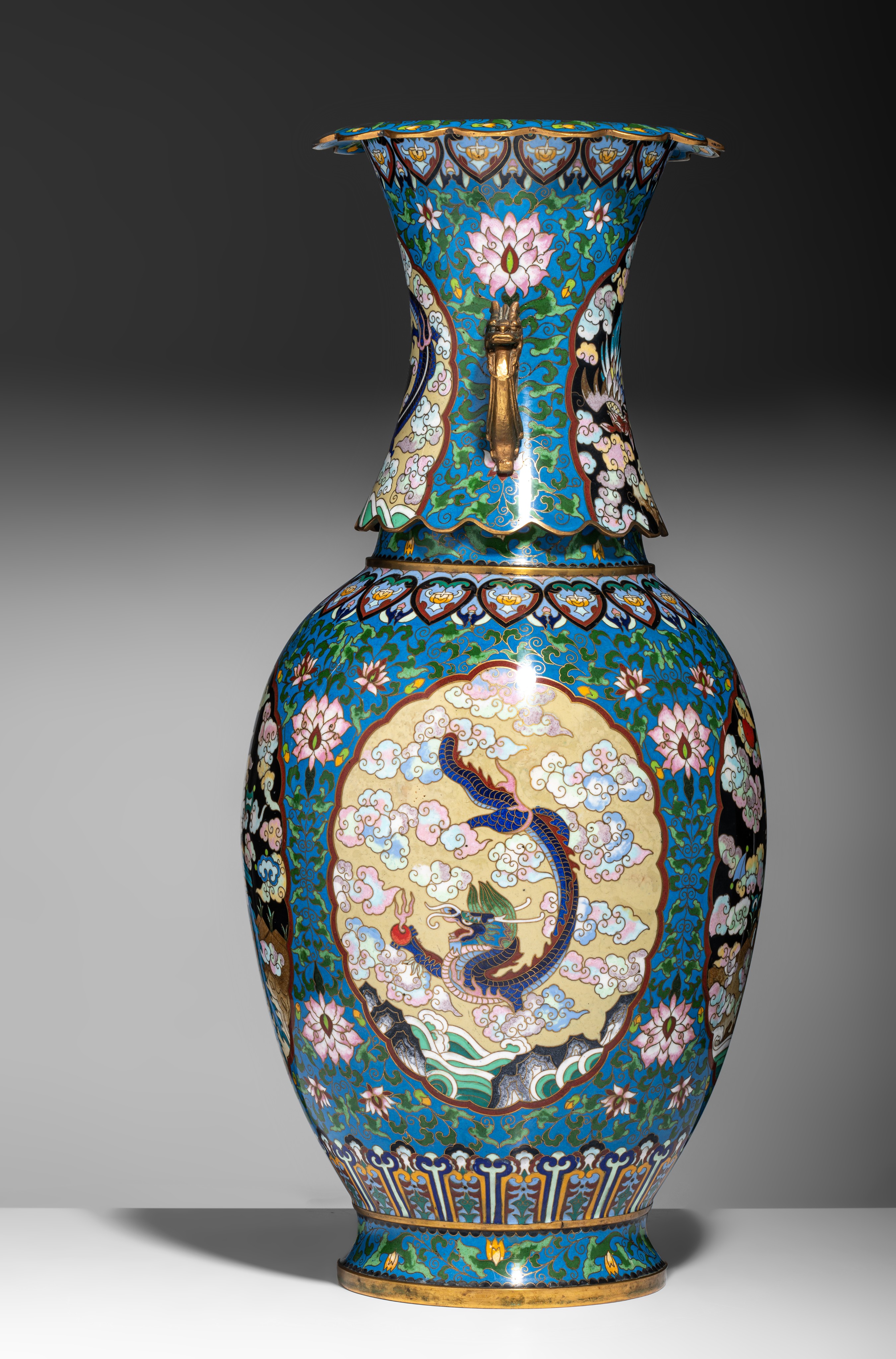 A Chinese cloisonné enamelled bronze vase, paired with dragon handles in gilt, with a Xuande mark, 2 - Image 5 of 11