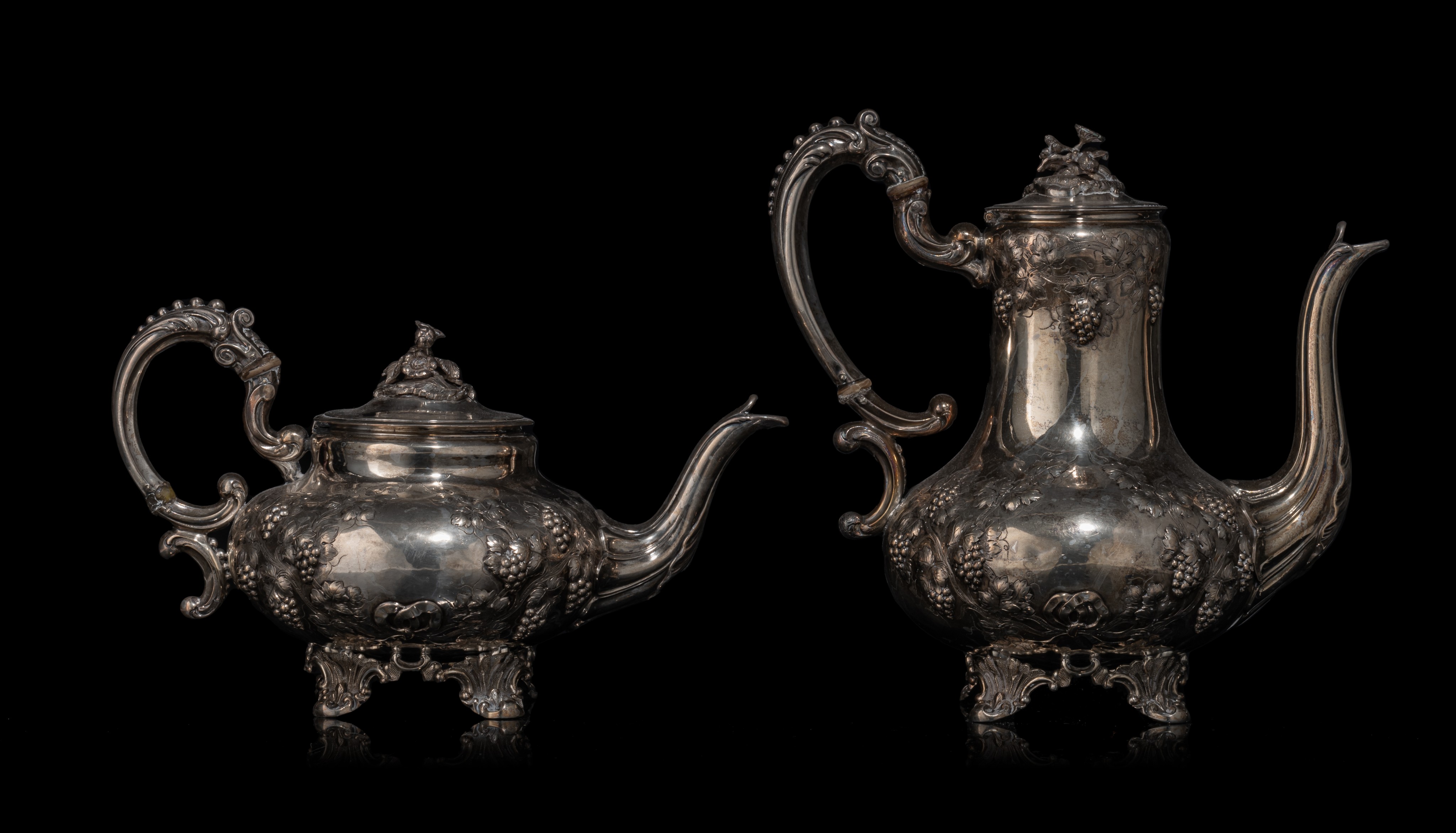 An eclectic four-part silver coffee and tea set, on a silver-plated tray, H 10,5 - 24,5 cm, 2148 g - Image 2 of 22