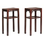 A pair of Chinese rosewood high stands, late Qing/Republic period, H 79,5 - 81 cm