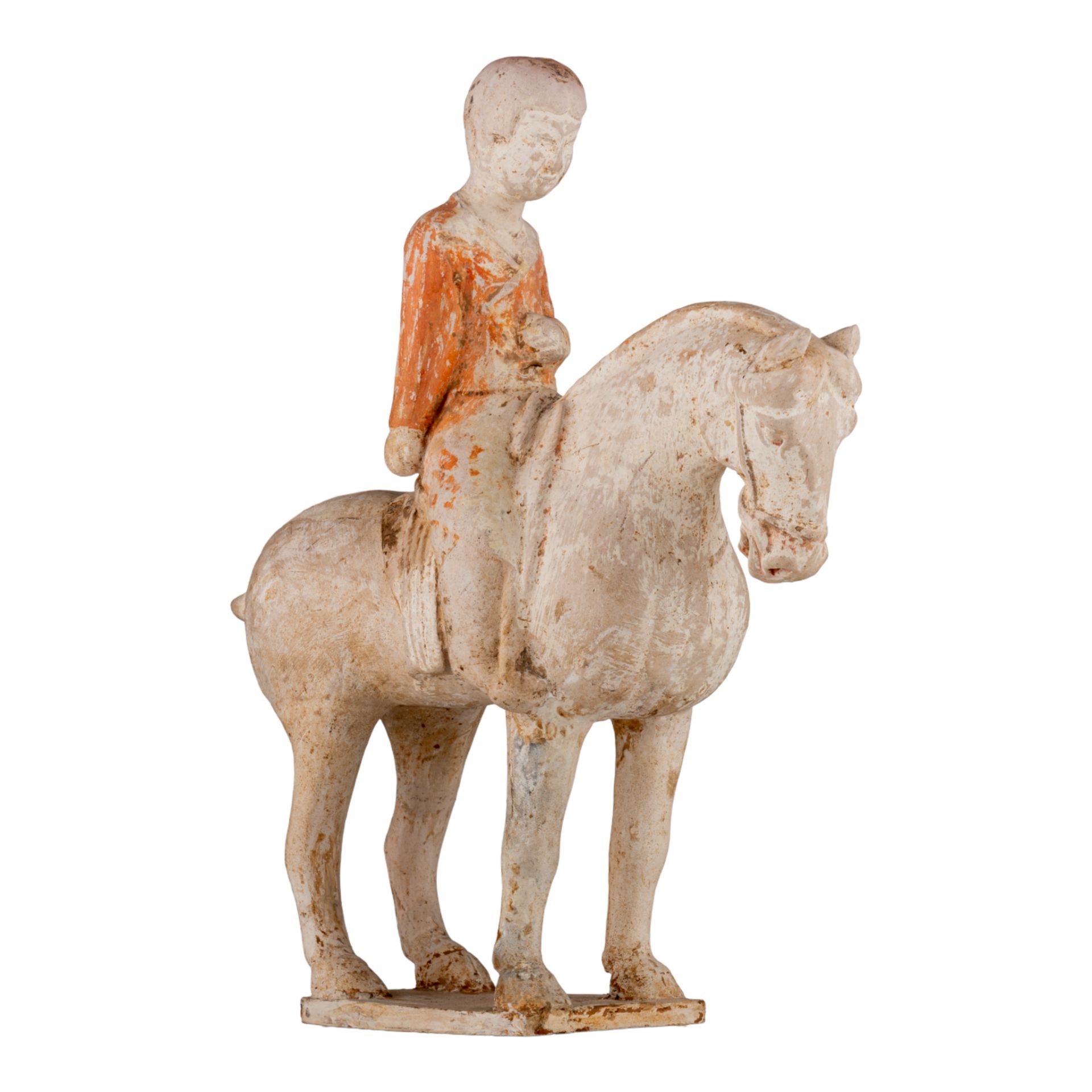 A Chinese painted pottery figure of a horse and a rider, Tang dynasty, L 25,8 - H 28,5 cm