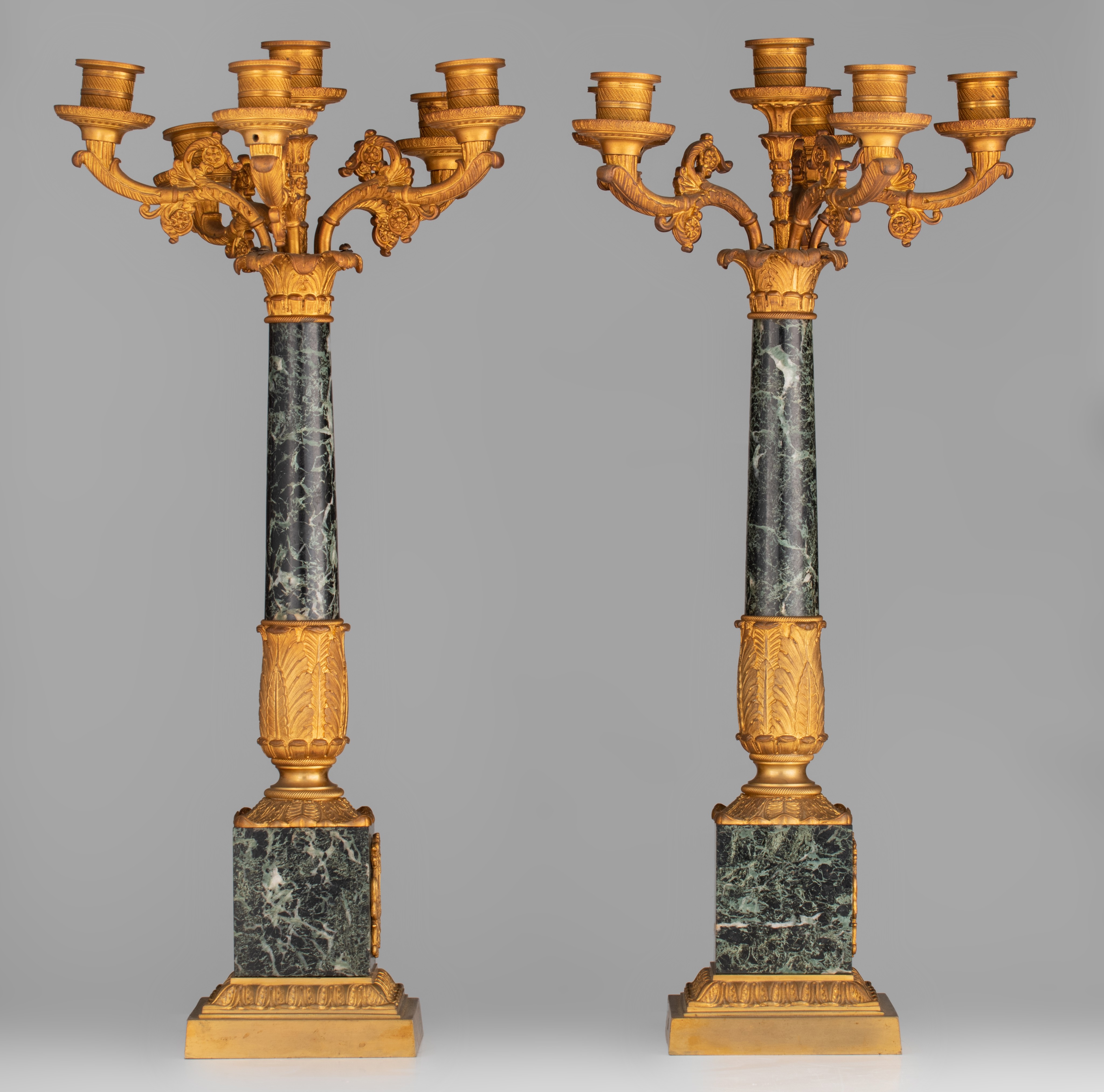 An Empire style three-piece mantle set, after a model of Antoine-André Ravrioh, H 51 - 67 cm - Image 14 of 14