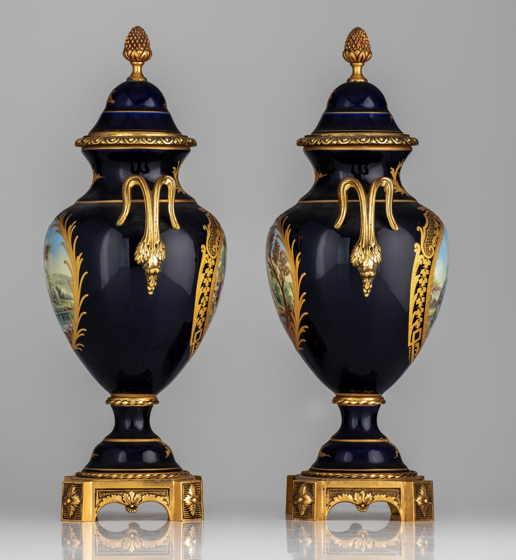 A three-piece Sèvres garniture set, decorated with gallant scenes, signed 'J. Césana', H 28,5 - 42,5 - Image 11 of 15