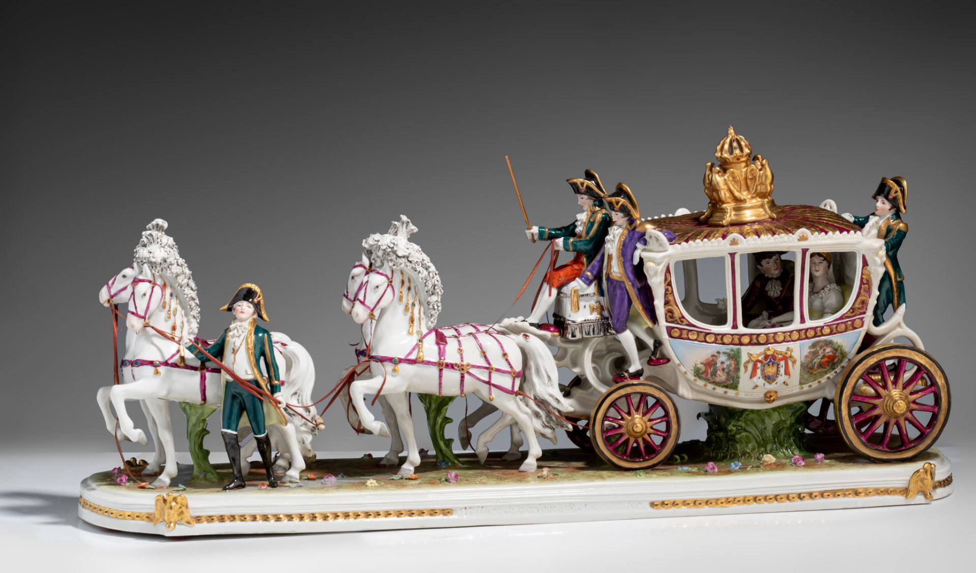 A Saxony porcelain group of the bridal chariot of Napoleon Bonaparte, H 29 - W 67 cm - Image 2 of 10